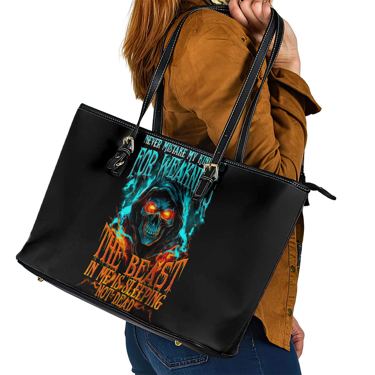 Flame Skull Leather Tote Bag Never Mistake My Kindness For Weakness The Beast In Me Is Sleeping Noe Dead - Wonder Print Shop