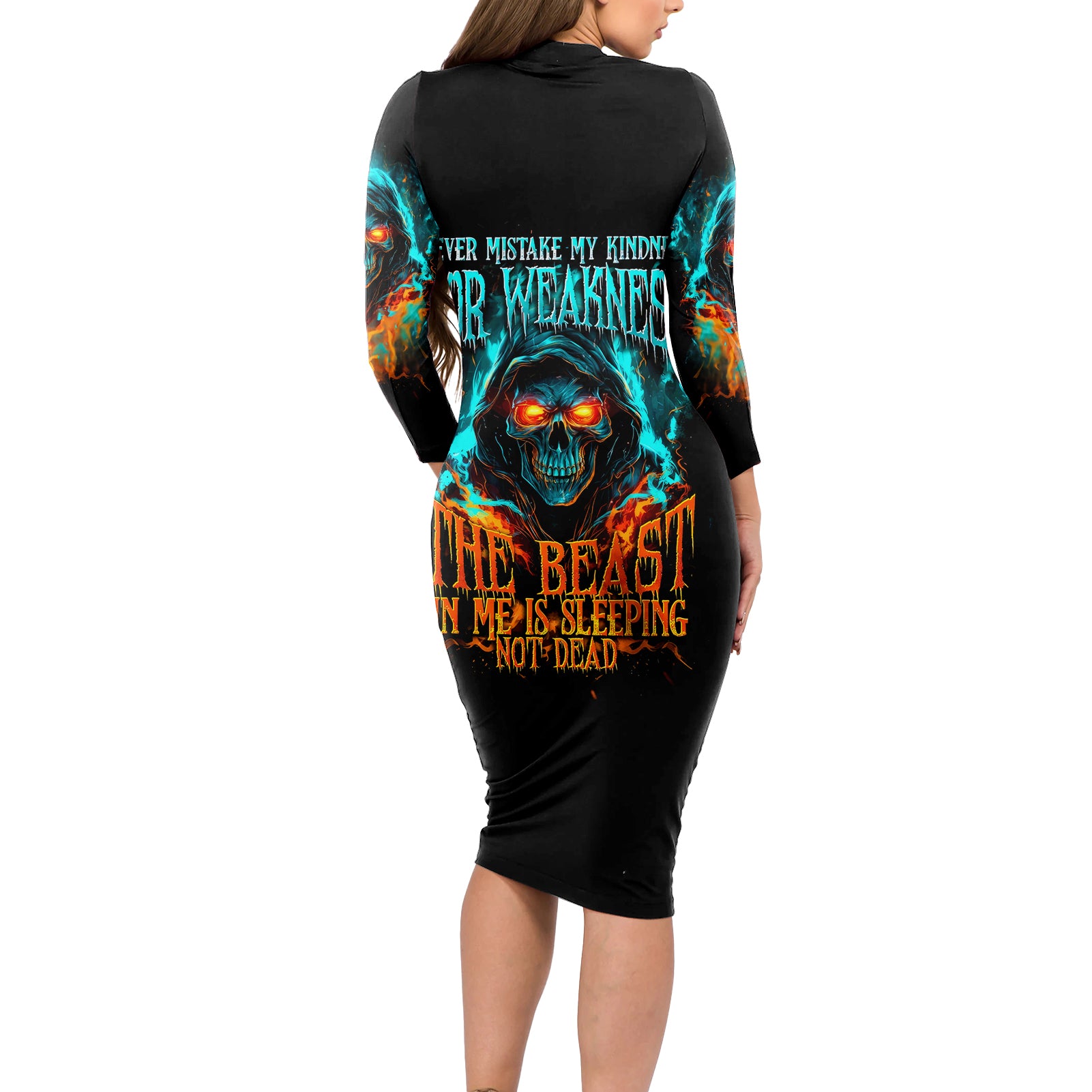 Flame Skull Long Sleeve Bodycon Dress Never Mistake My Kindness For Weakness The Beast In Me Is Sleeping Noe Dead - Wonder Print Shop