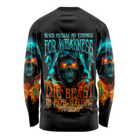 Flame Skull Long Sleeve Shirt Never Mistake My Kindness For Weakness The Beast In Me Is Sleeping Noe Dead - Wonder Print Shop