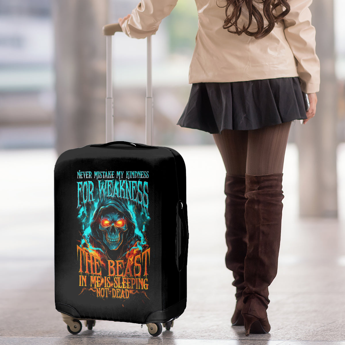 Flame Skull Luggage Cover Never Mistake My Kindness For Weakness The Beast In Me Is Sleeping Noe Dead - Wonder Print Shop