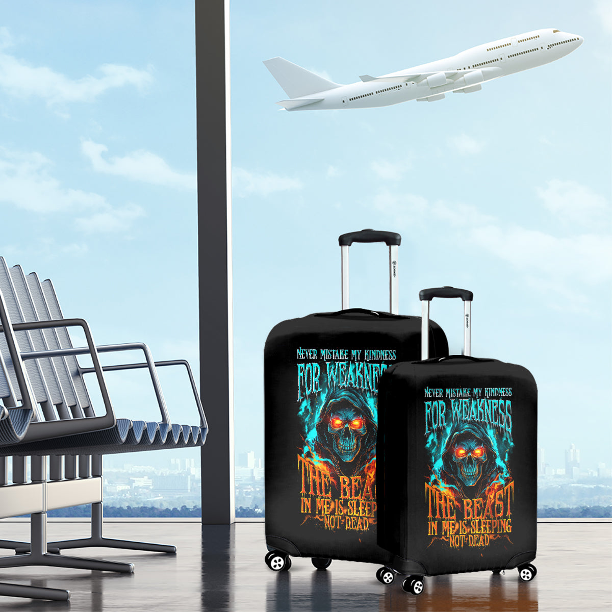 Flame Skull Luggage Cover Never Mistake My Kindness For Weakness The Beast In Me Is Sleeping Noe Dead - Wonder Print Shop