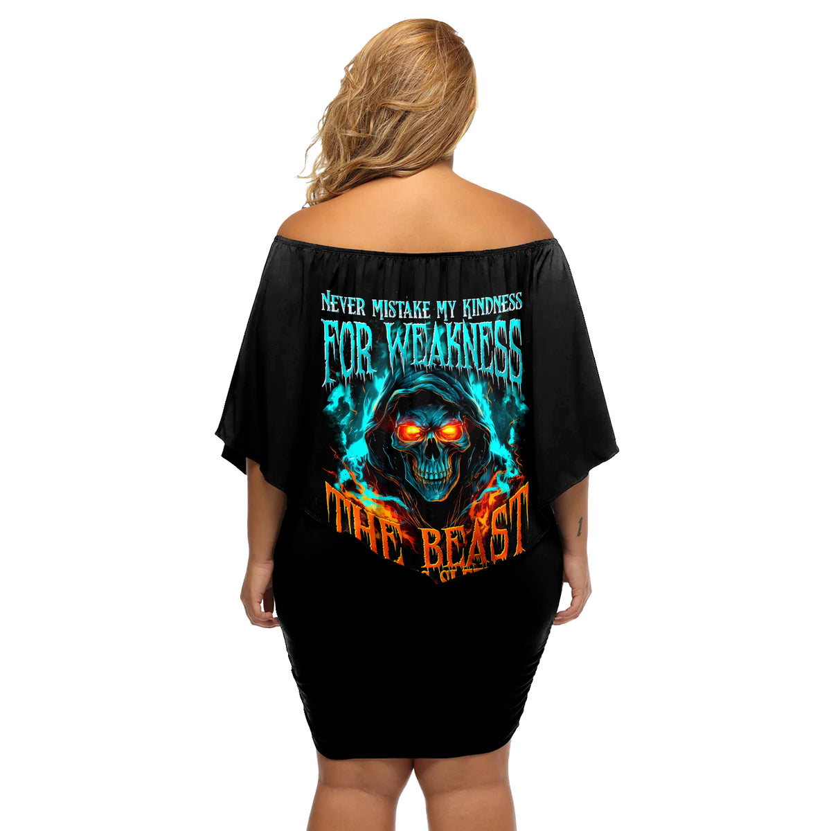 Flame Skull Off Shoulder Short Dress Never Mistake My Kindness For Weakness The Beast In Me Is Sleeping Noe Dead - Wonder Print Shop