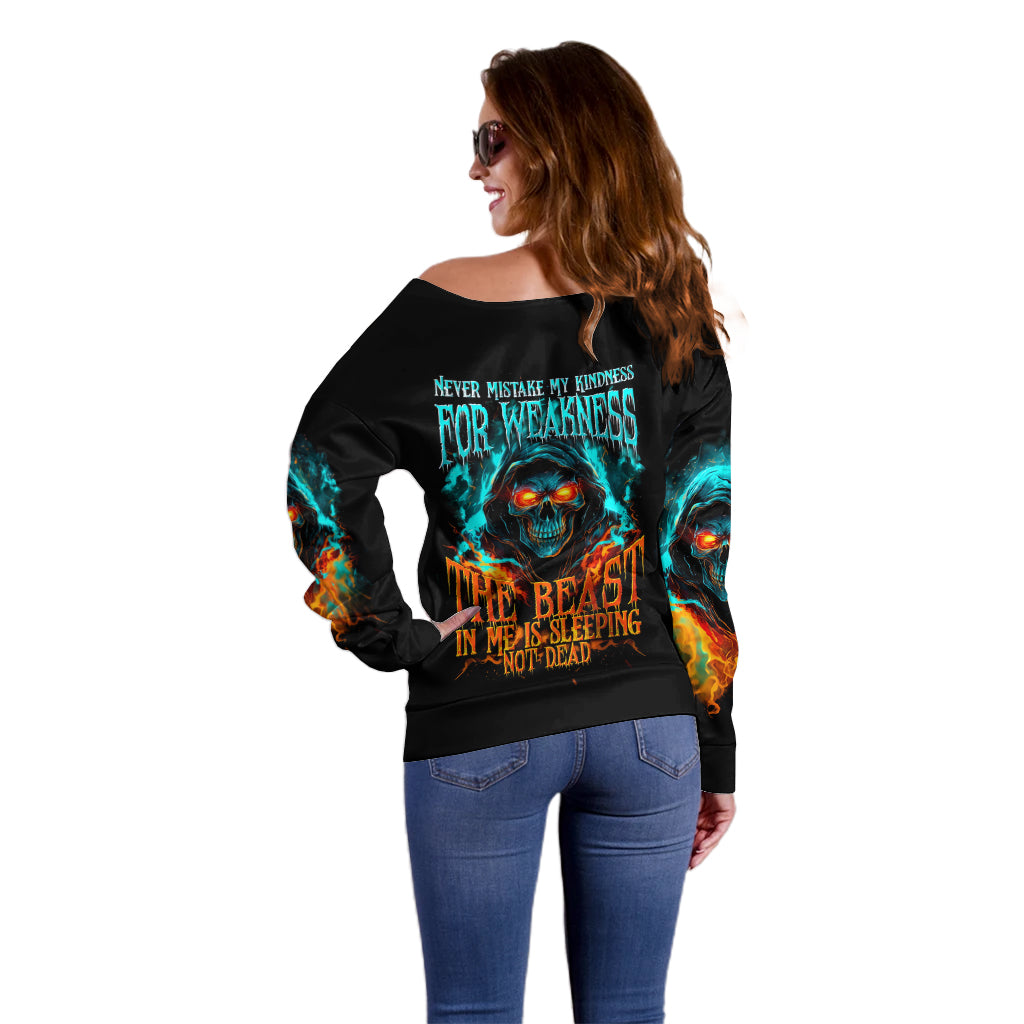 Flame Skull Off Shoulder Sweater Never Mistake My Kindness For Weakness The Beast In Me Is Sleeping Noe Dead - Wonder Print Shop
