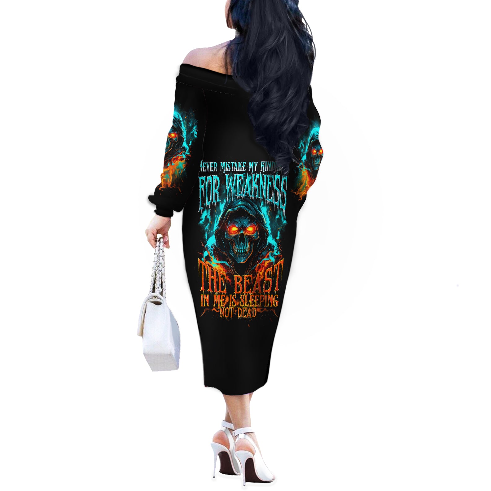 Flame Skull Off The Shoulder Long Sleeve Dress Never Mistake My Kindness For Weakness The Beast In Me Is Sleeping Noe Dead - Wonder Print Shop