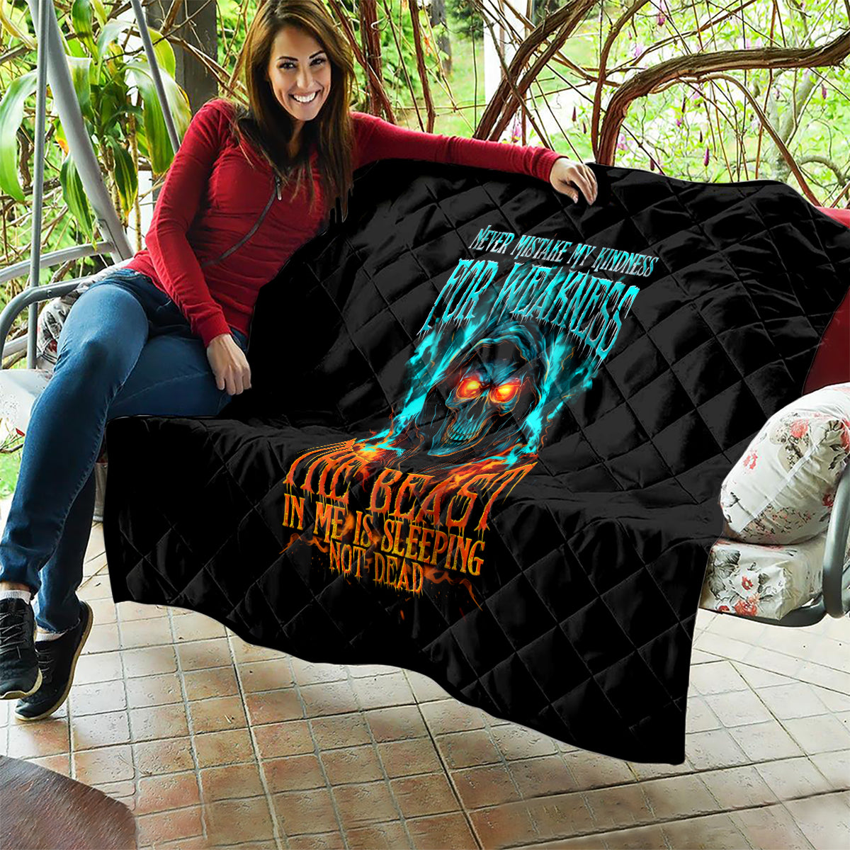 Flame Skull Quilt Never Mistake My Kindness For Weakness The Beast In Me Is Sleeping Noe Dead - Wonder Print Shop