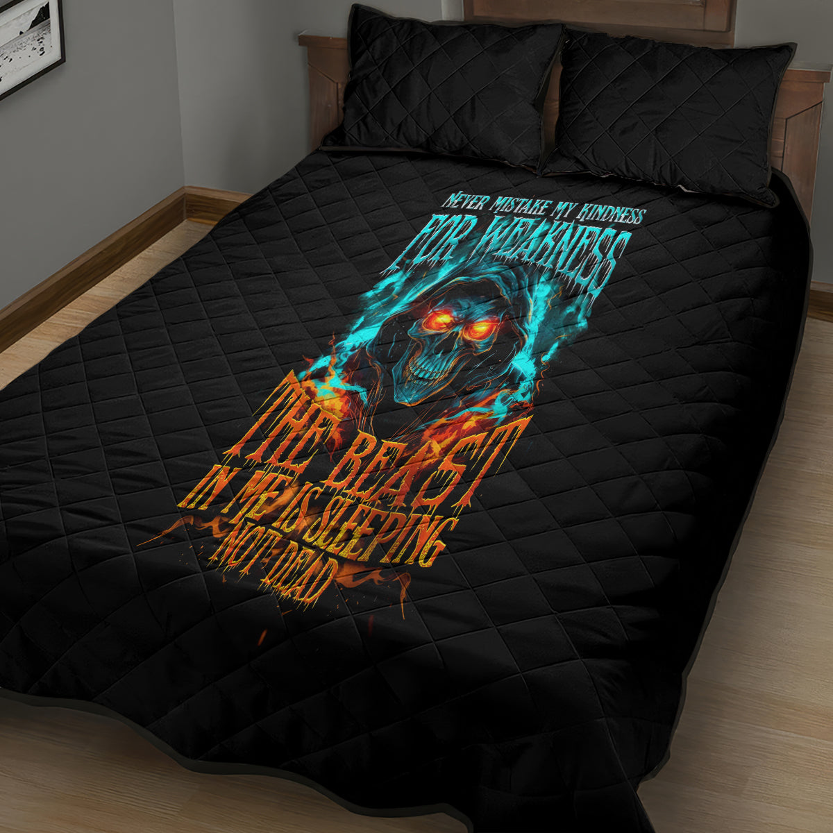Flame Skull Quilt Bed Set Never Mistake My Kindness For Weakness The Beast In Me Is Sleeping Noe Dead - Wonder Print Shop