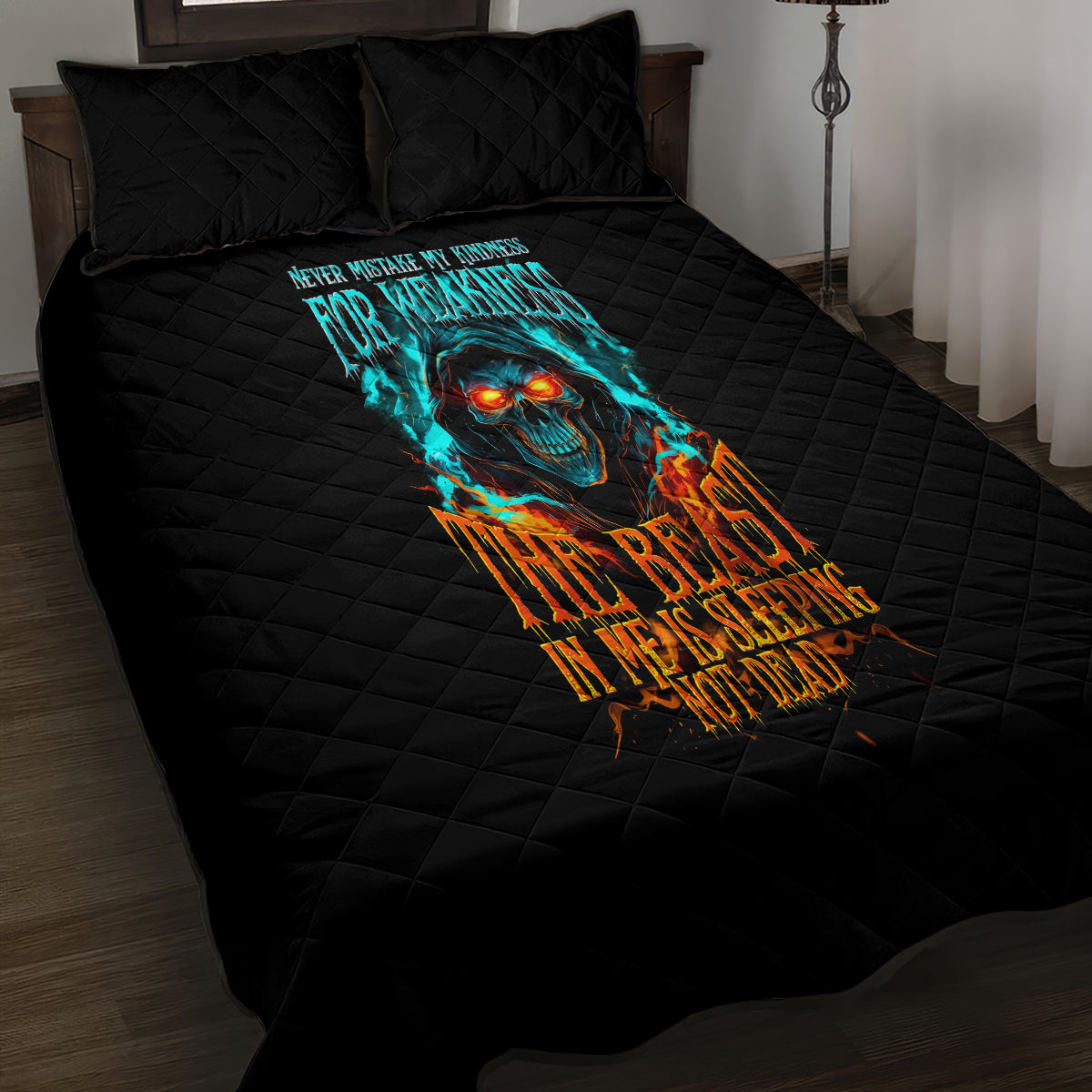 Flame Skull Quilt Bed Set Never Mistake My Kindness For Weakness The Beast In Me Is Sleeping Noe Dead - Wonder Print Shop