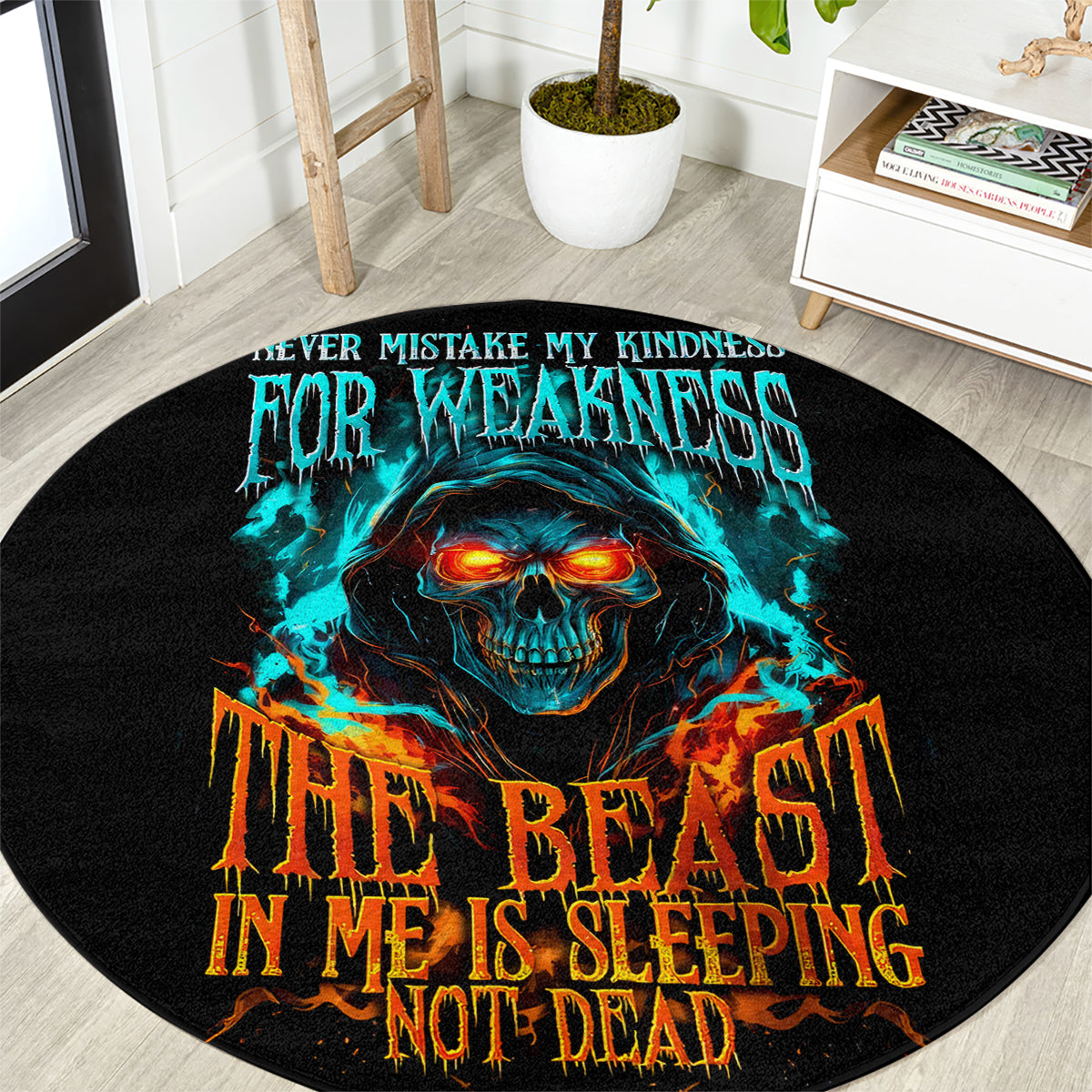 flame-skull-round-carpet-never-mistake-my-kindness-for-weakness-the-beast-in-me-is-sleeping-noe-dead