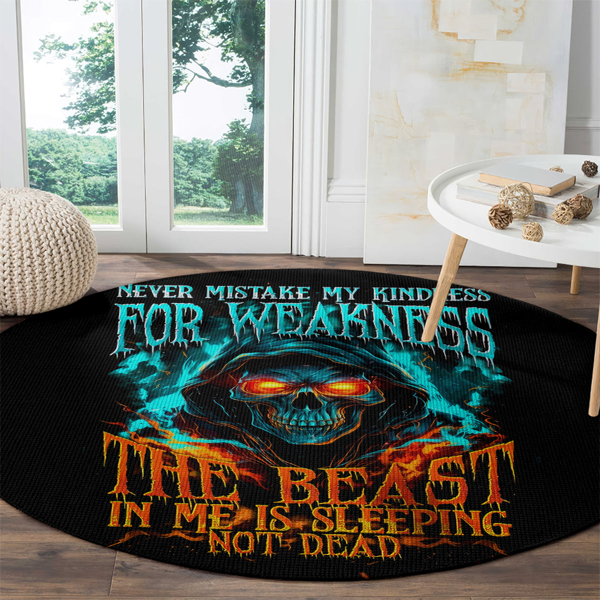 flame-skull-round-carpet-never-mistake-my-kindness-for-weakness-the-beast-in-me-is-sleeping-noe-dead
