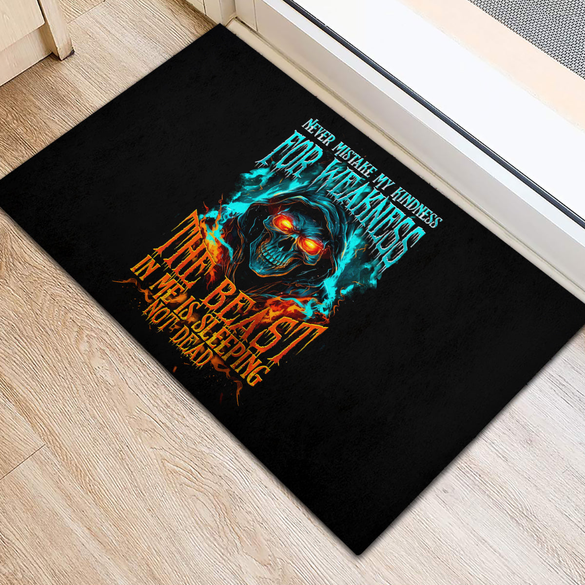 Flame Skull Rubber Doormat Never Mistake My Kindness For Weakness The Beast In Me Is Sleeping Noe Dead - Wonder Print Shop