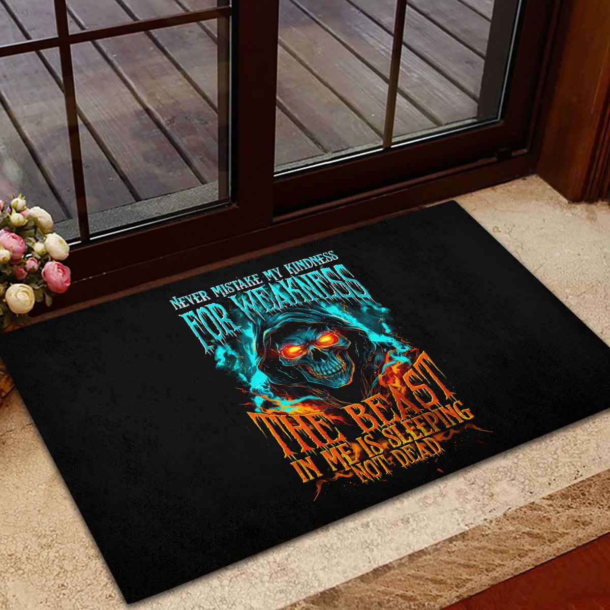 Flame Skull Rubber Doormat Never Mistake My Kindness For Weakness The Beast In Me Is Sleeping Noe Dead - Wonder Print Shop