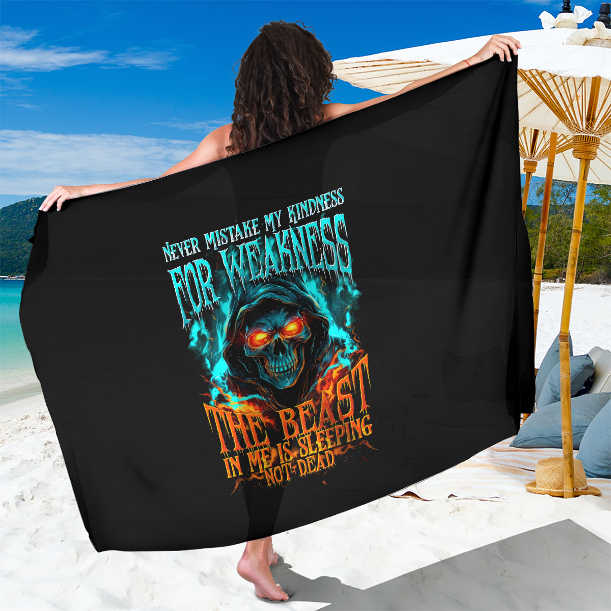 Flame Skull Sarong Never Mistake My Kindness For Weakness The Beast In Me Is Sleeping Noe Dead - Wonder Print Shop