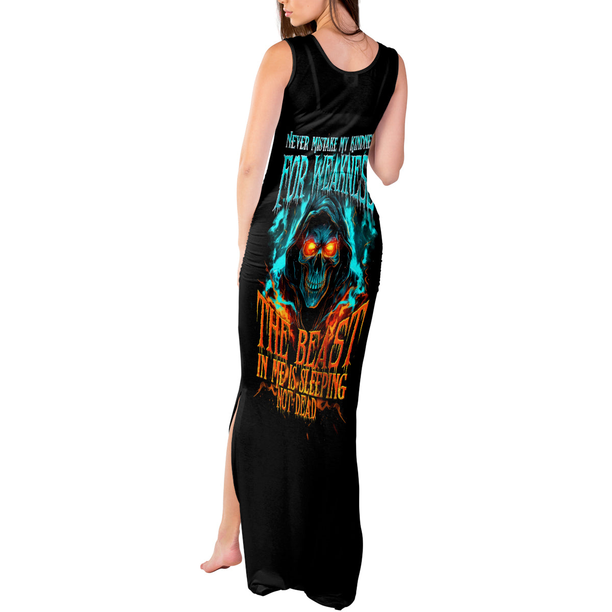 Flame Skull Tank Maxi Dress Never Mistake My Kindness For Weakness The Beast In Me Is Sleeping Noe Dead - Wonder Print Shop