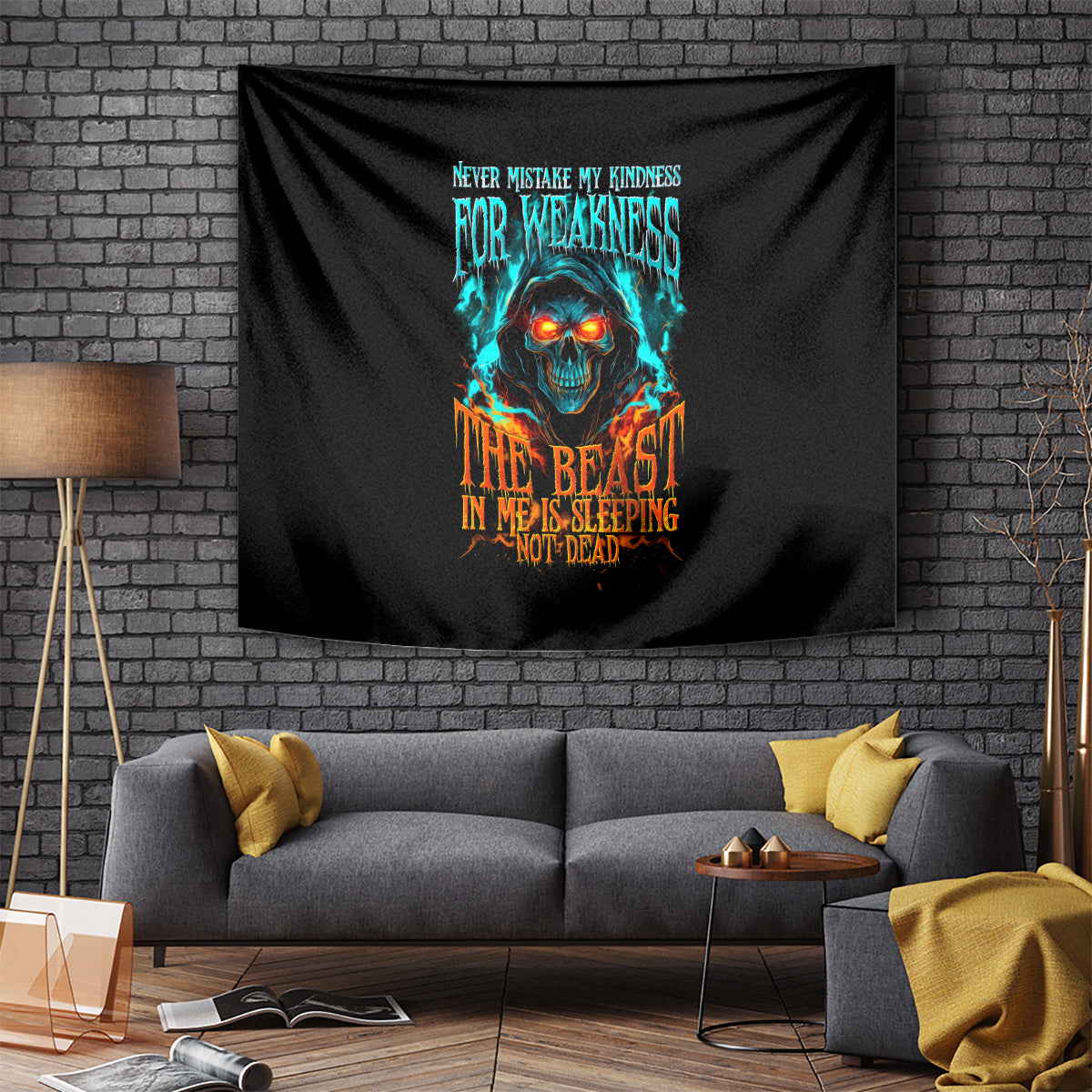 Flame Skull Tapestry Never Mistake My Kindness For Weakness The Beast In Me Is Sleeping Noe Dead - Wonder Print Shop
