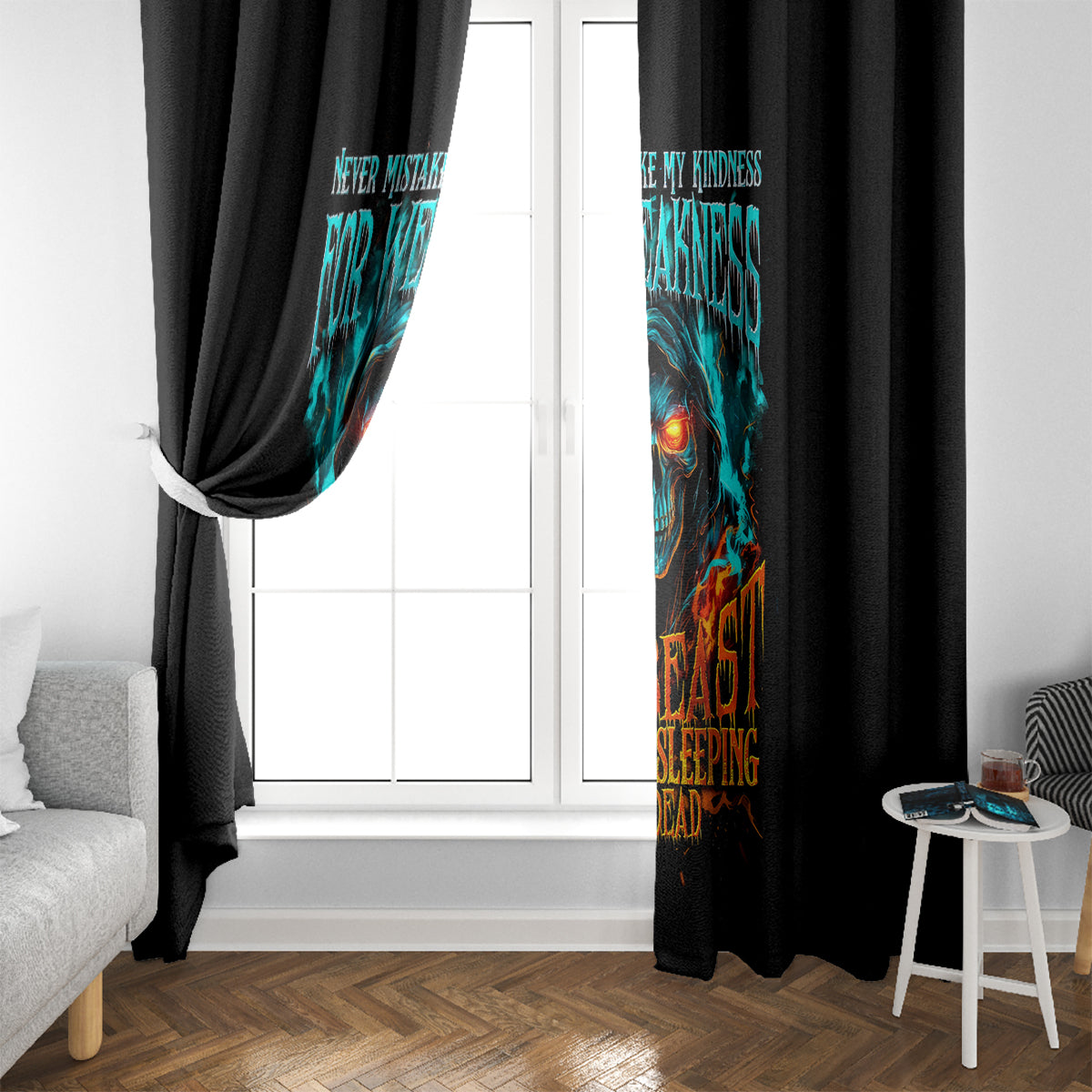 Flame Skull Window Curtain Never Mistake My Kindness For Weakness The Beast In Me Is Sleeping Noe Dead - Wonder Print Shop
