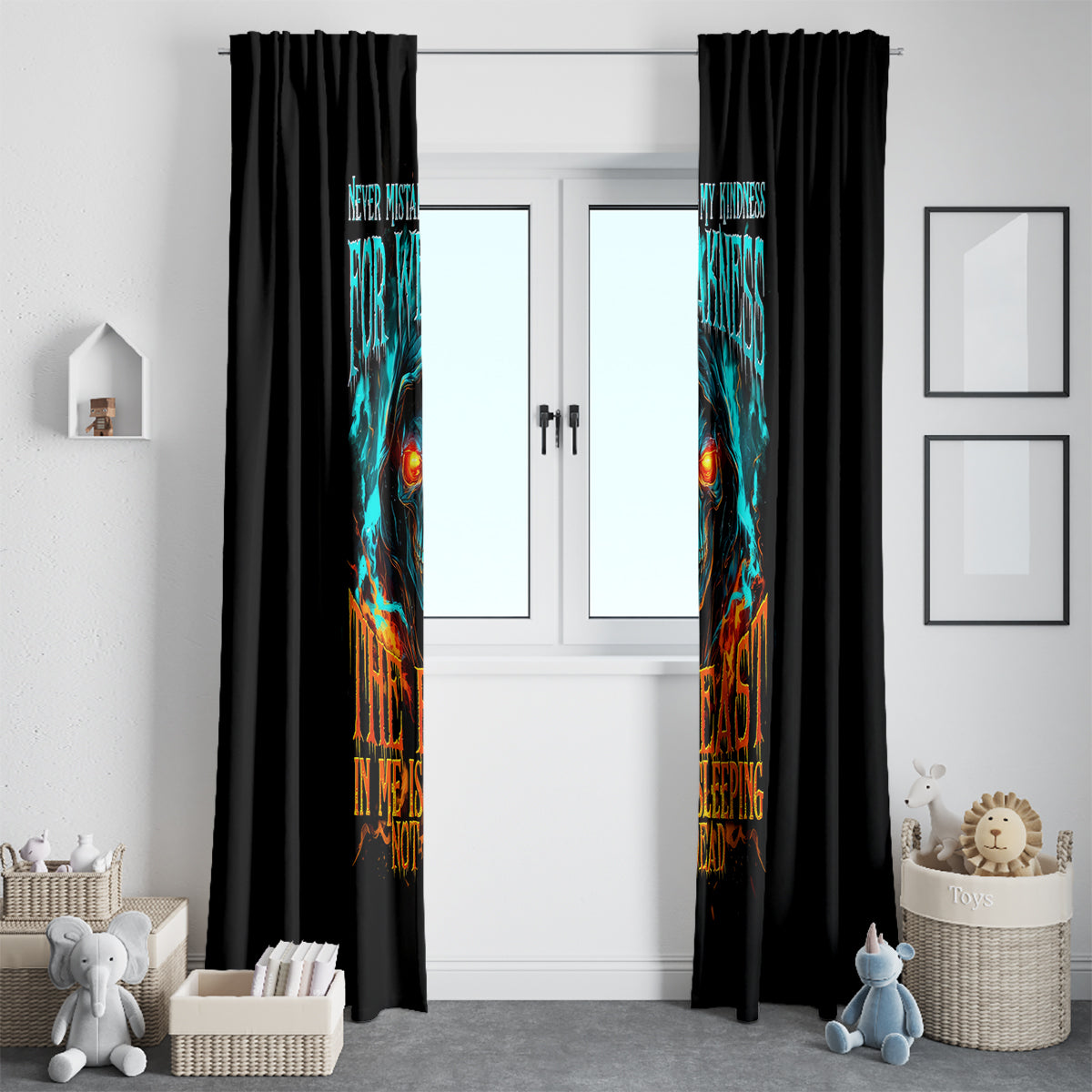 Flame Skull Window Curtain Never Mistake My Kindness For Weakness The Beast In Me Is Sleeping Noe Dead - Wonder Print Shop