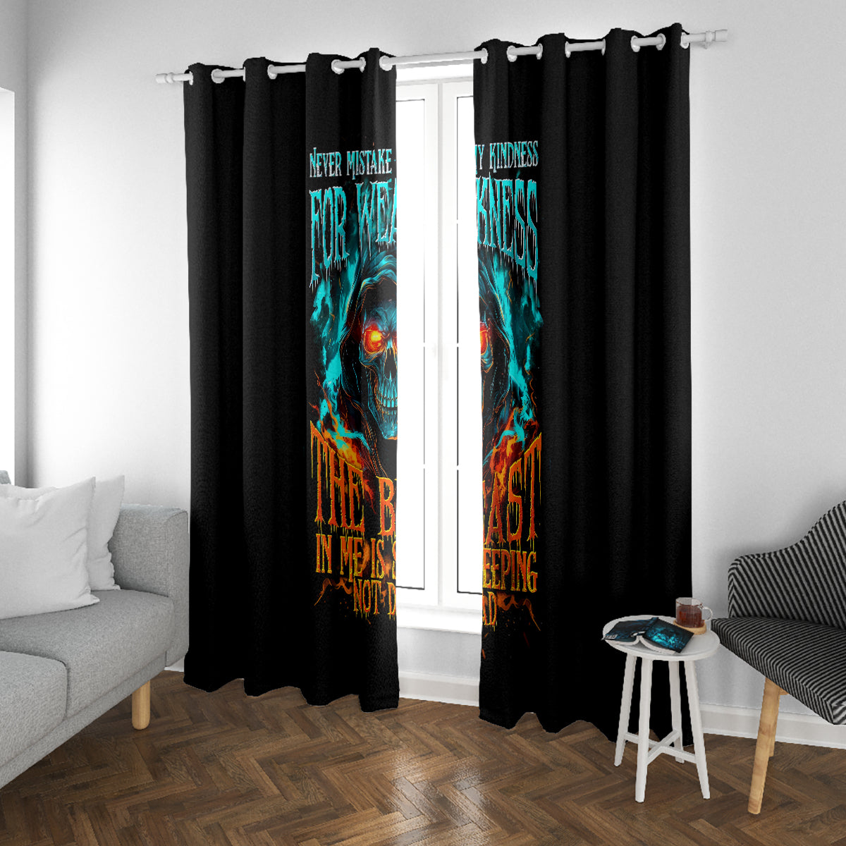 Flame Skull Window Curtain Never Mistake My Kindness For Weakness The Beast In Me Is Sleeping Noe Dead - Wonder Print Shop
