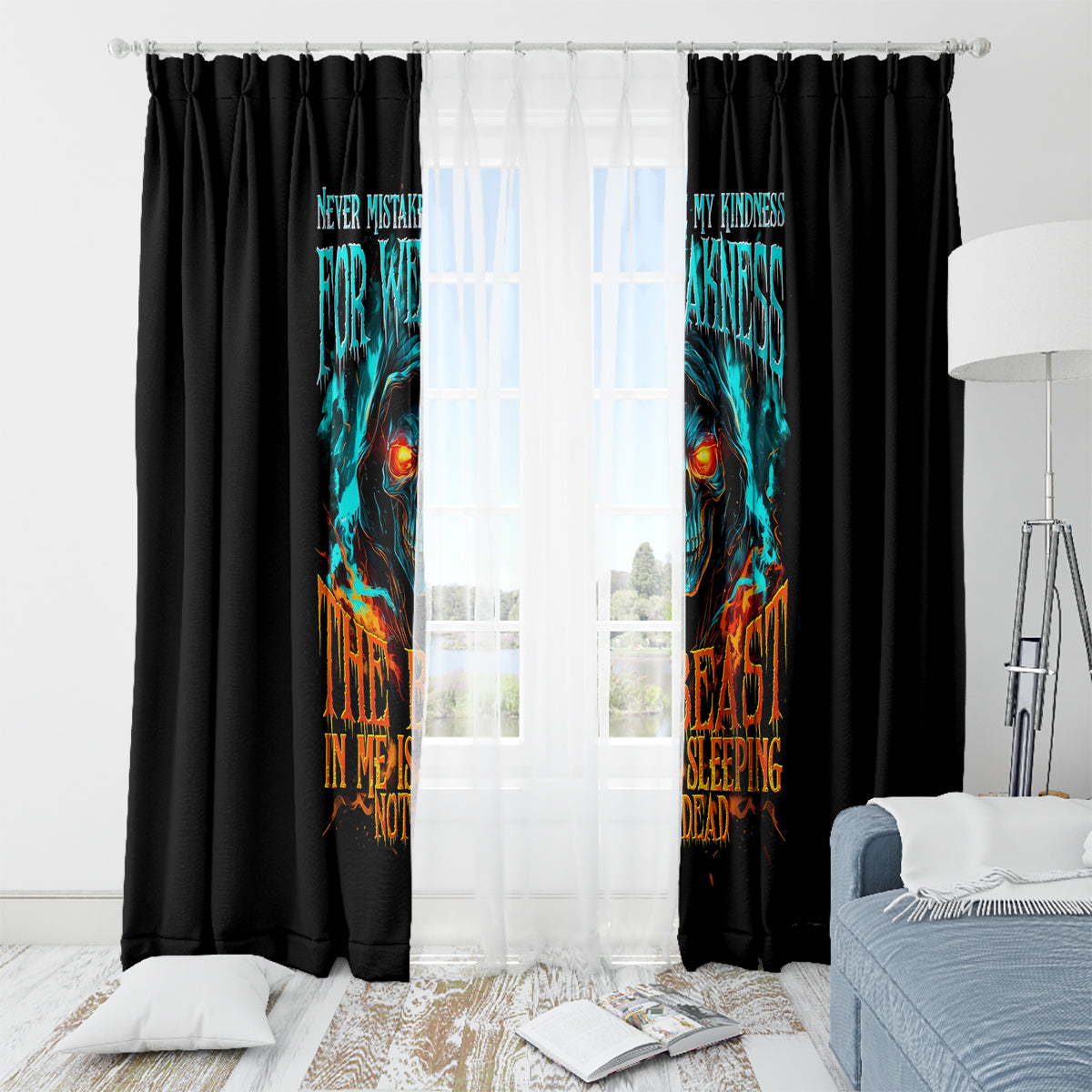 Flame Skull Window Curtain Never Mistake My Kindness For Weakness The Beast In Me Is Sleeping Noe Dead - Wonder Print Shop