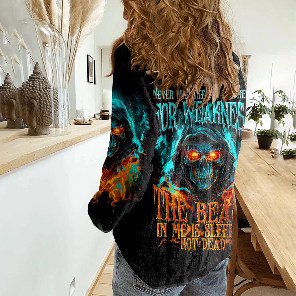 Flame Skull Women Casual Shirt Never Mistake My Kindness For Weakness The Beast In Me Is Sleeping Noe Dead - Wonder Print Shop