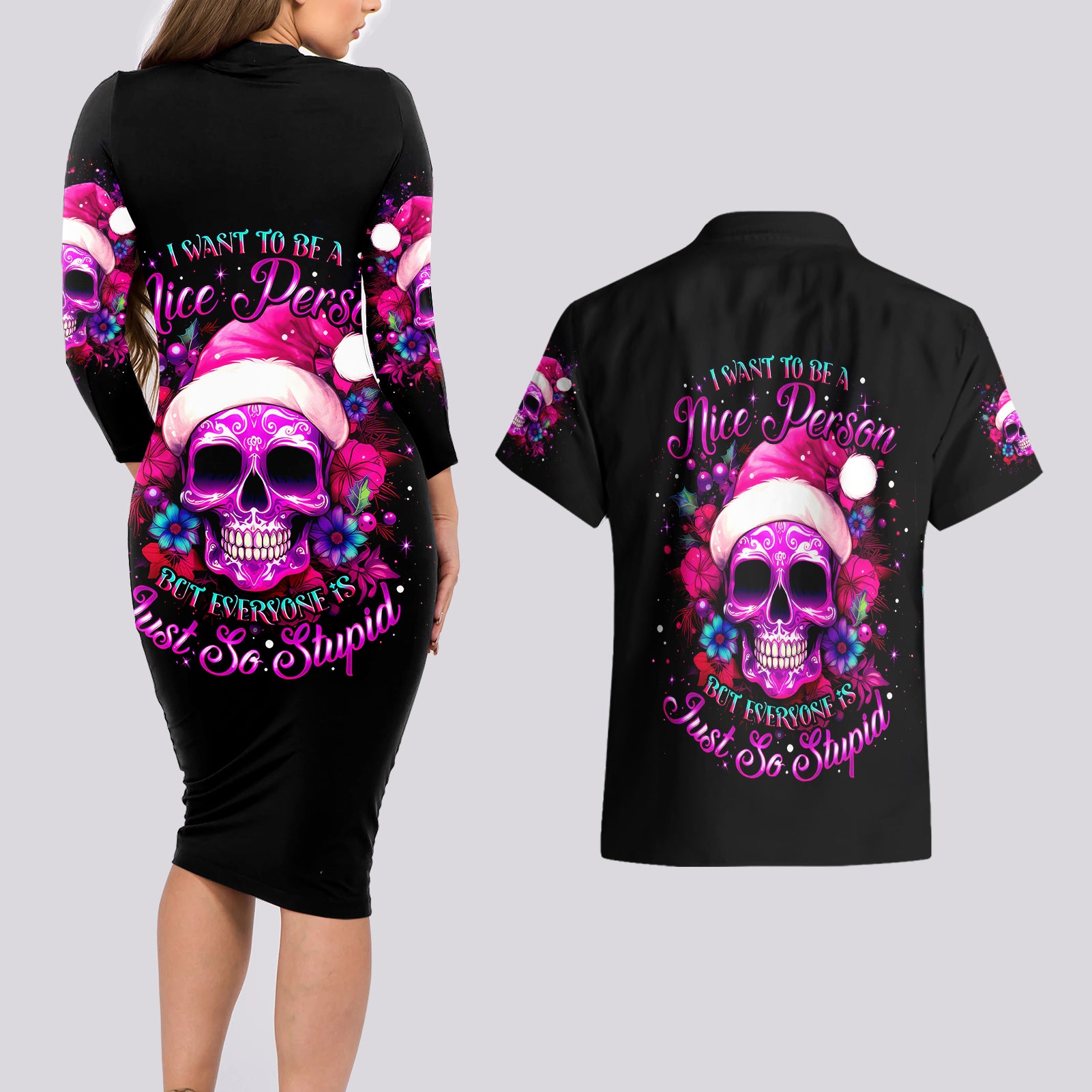 Sugar Skull Santa Couples Matching Long Sleeve Bodycon Dress and Hawaiian Shirt I Wan't To Be A Nice Person But Everyone Is Just So Stupid - Wonder Print Shop