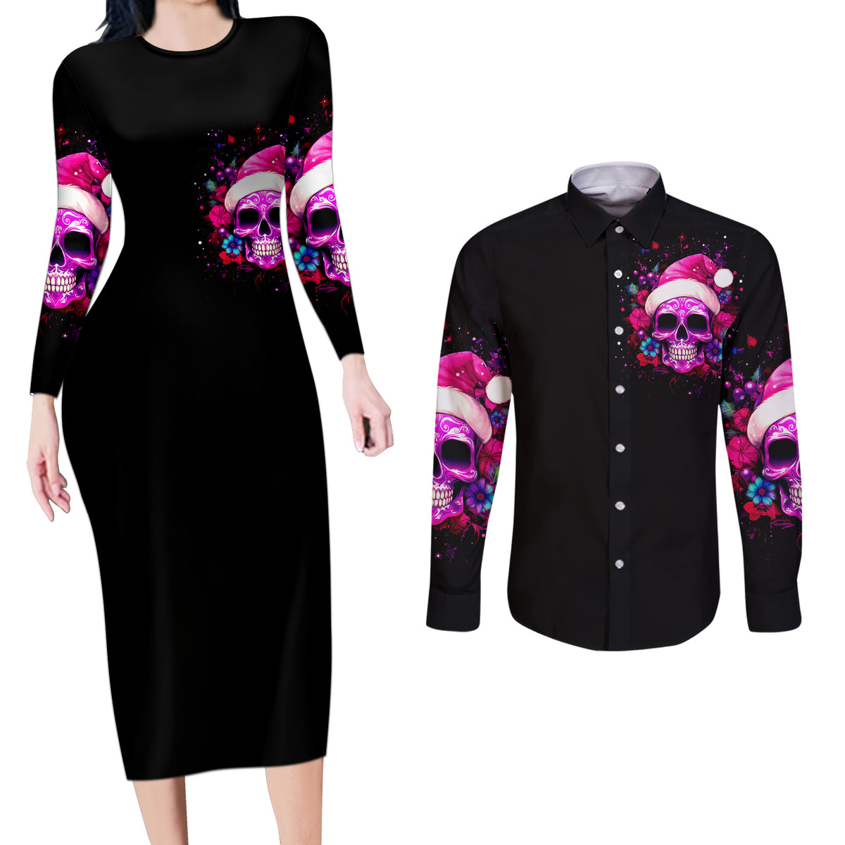 Sugar Skull Santa Couples Matching Long Sleeve Bodycon Dress and Long Sleeve Button Shirt I Wan't To Be A Nice Person But Everyone Is Just So Stupid - Wonder Print Shop