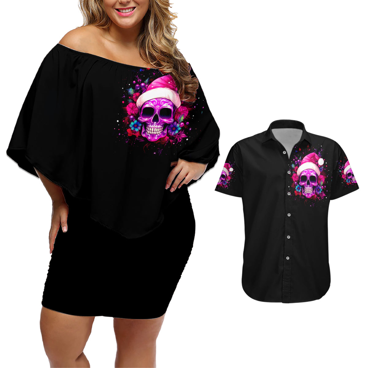 Sugar Skull Santa Couples Matching Off Shoulder Short Dress and Hawaiian Shirt I Wan't To Be A Nice Person But Everyone Is Just So Stupid - Wonder Print Shop