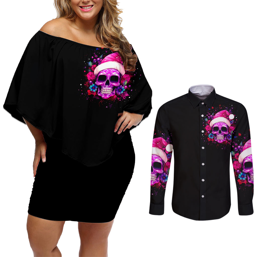 Sugar Skull Santa Couples Matching Off Shoulder Short Dress and Long Sleeve Button Shirt I Wan't To Be A Nice Person But Everyone Is Just So Stupid - Wonder Print Shop