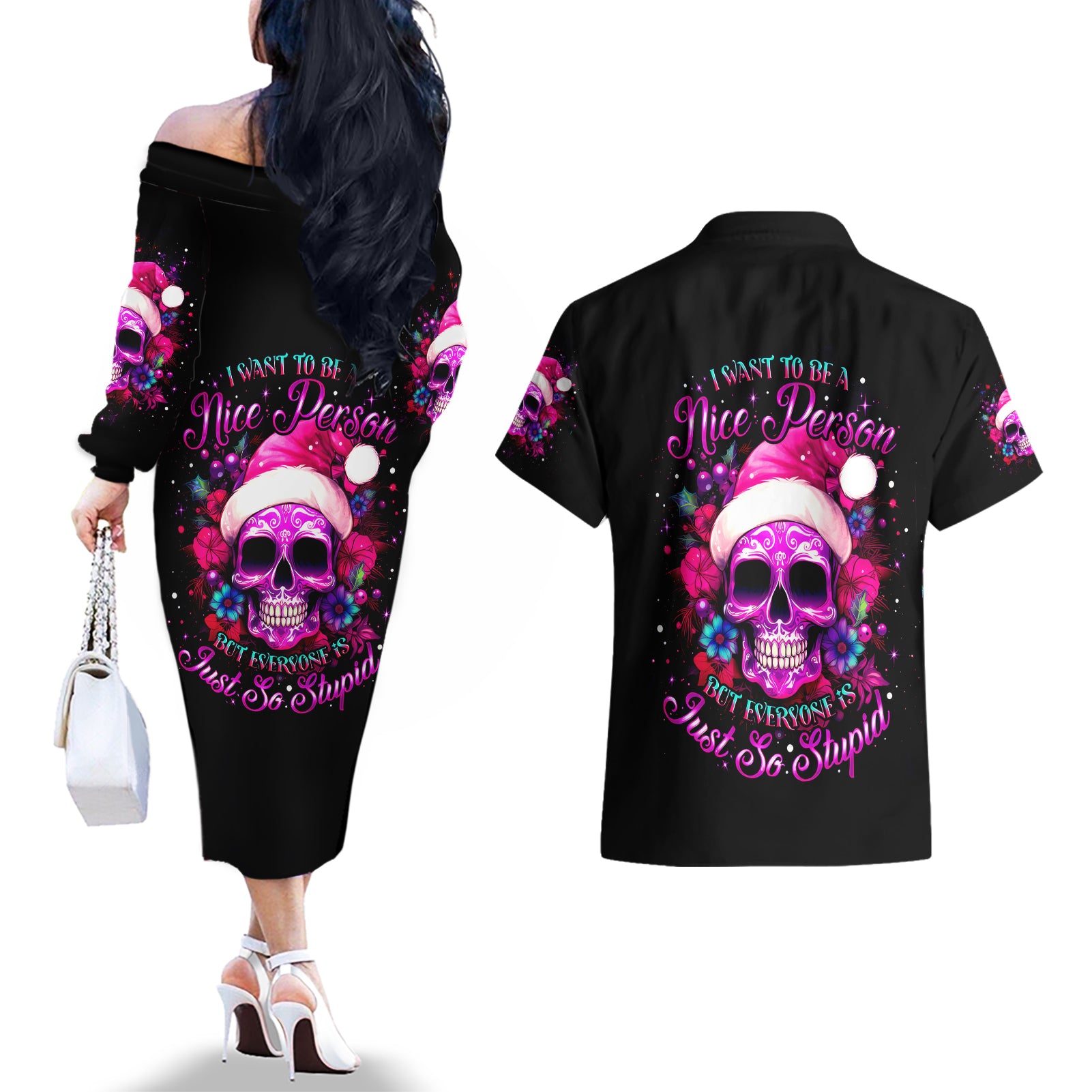 Sugar Skull Santa Couples Matching Off The Shoulder Long Sleeve Dress and Hawaiian Shirt I Wan't To Be A Nice Person But Everyone Is Just So Stupid - Wonder Print Shop