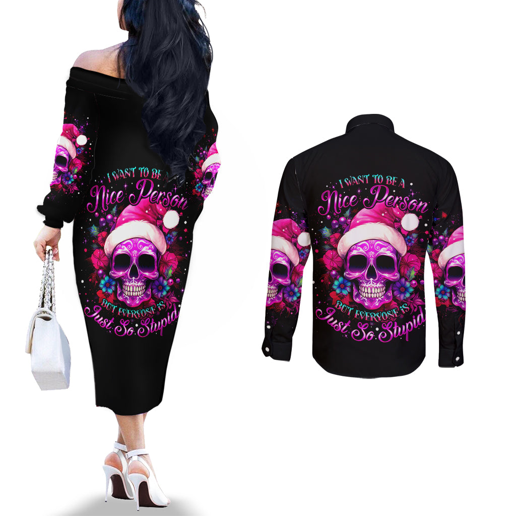 sugar-skull-santa-couples-matching-off-the-shoulder-long-sleeve-dress-and-long-sleeve-button-shirt-i-want-to-be-a-nice-person-but-everyone-is-just-so-stupid