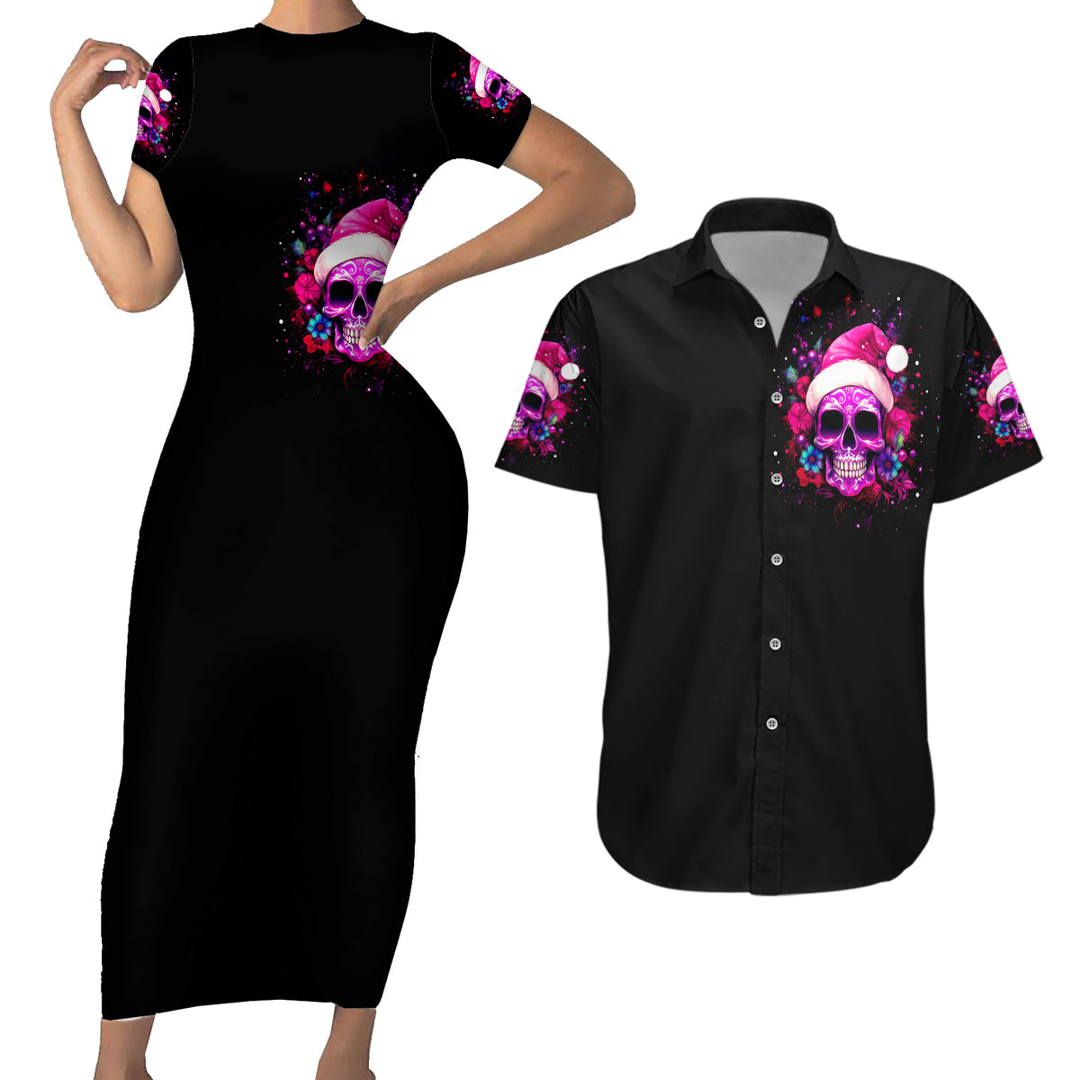 Sugar Skull Santa Couples Matching Short Sleeve Bodycon Dress and Hawaiian Shirt I Wan't To Be A Nice Person But Everyone Is Just So Stupid - Wonder Print Shop