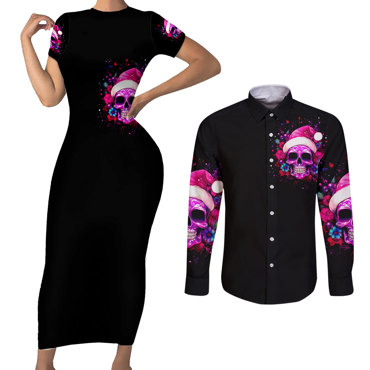 Sugar Skull Santa Couples Matching Short Sleeve Bodycon Dress and Long Sleeve Button Shirt I Wan't To Be A Nice Person But Everyone Is Just So Stupid - Wonder Print Shop