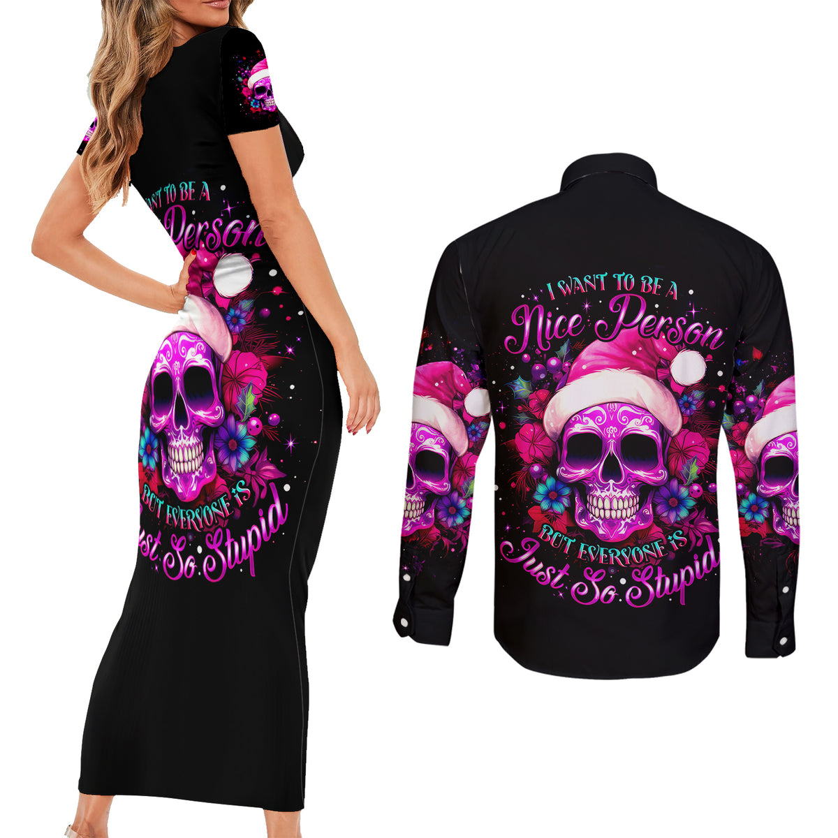 Sugar Skull Santa Couples Matching Short Sleeve Bodycon Dress and Long Sleeve Button Shirt I Wan't To Be A Nice Person But Everyone Is Just So Stupid - Wonder Print Shop