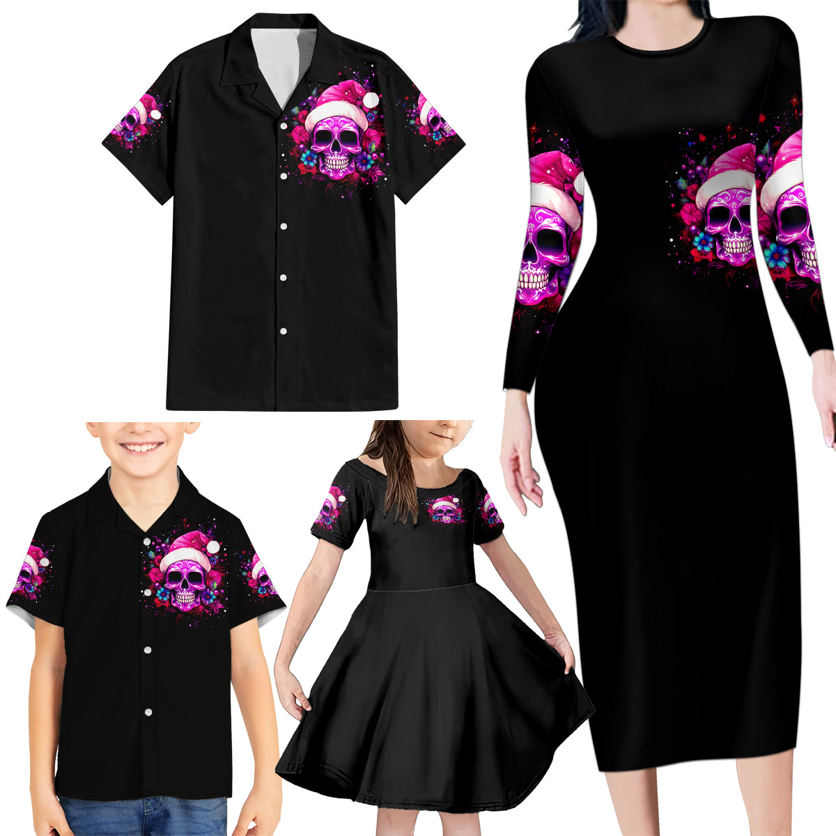 Sugar Skull Santa Family Matching Long Sleeve Bodycon Dress and Hawaiian Shirt I Wan't To Be A Nice Person But Everyone Is Just So Stupid - Wonder Print Shop