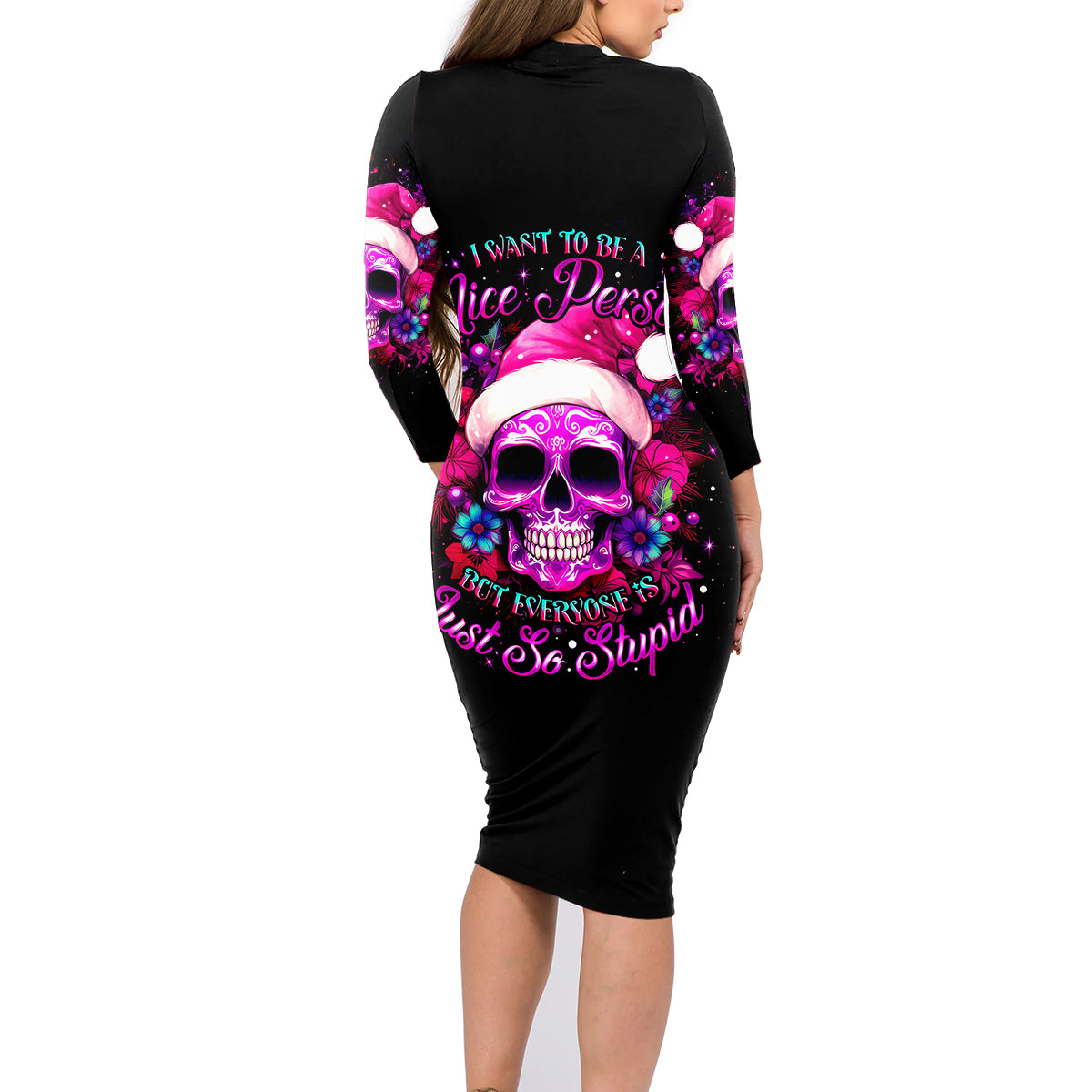 Sugar Skull Santa Family Matching Long Sleeve Bodycon Dress and Hawaiian Shirt I Wan't To Be A Nice Person But Everyone Is Just So Stupid - Wonder Print Shop