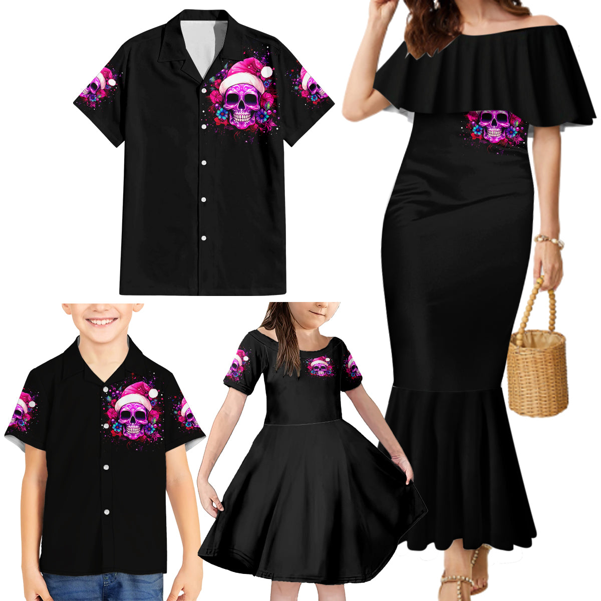 Sugar Skull Santa Family Matching Mermaid Dress and Hawaiian Shirt I Wan't To Be A Nice Person But Everyone Is Just So Stupid - Wonder Print Shop