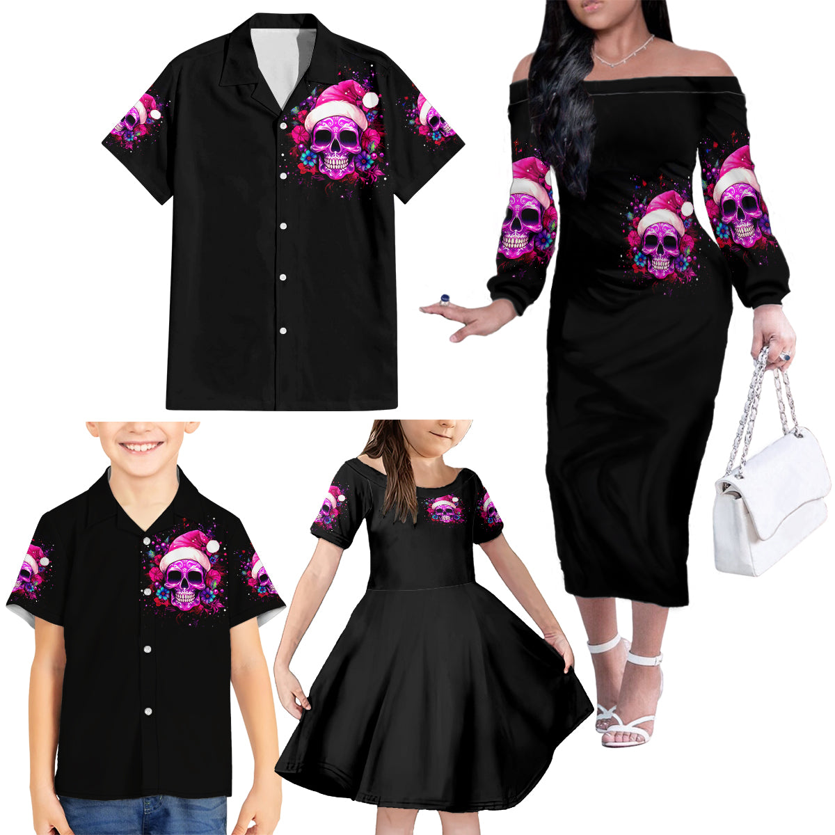Sugar Skull Santa Family Matching Off Shoulder Long Sleeve Dress and Hawaiian Shirt I Wan't To Be A Nice Person But Everyone Is Just So Stupid - Wonder Print Shop