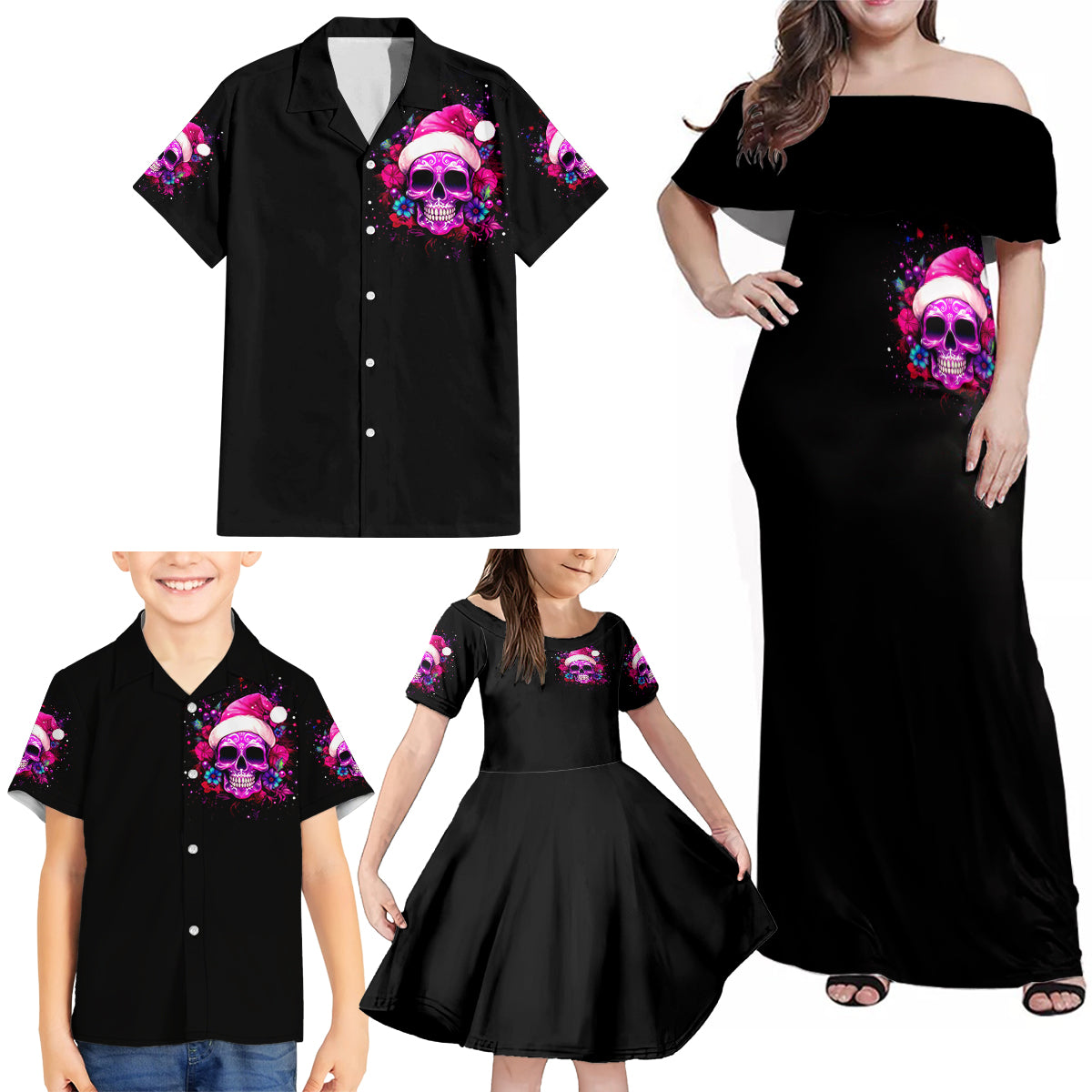 Sugar Skull Santa Family Matching Off Shoulder Maxi Dress and Hawaiian Shirt I Wan't To Be A Nice Person But Everyone Is Just So Stupid - Wonder Print Shop