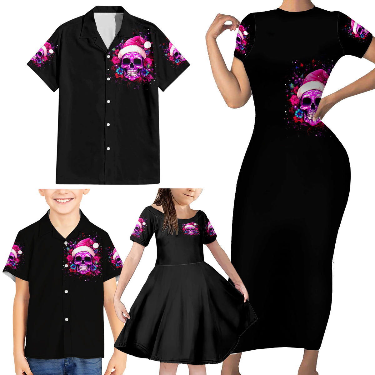 Sugar Skull Santa Family Matching Short Sleeve Bodycon Dress and Hawaiian Shirt I Wan't To Be A Nice Person But Everyone Is Just So Stupid - Wonder Print Shop