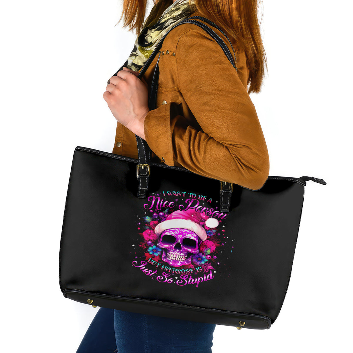 Sugar Skull Santa Leather Tote Bag I Wan't To Be A Nice Person But Everyone Is Just So Stupid - Wonder Print Shop