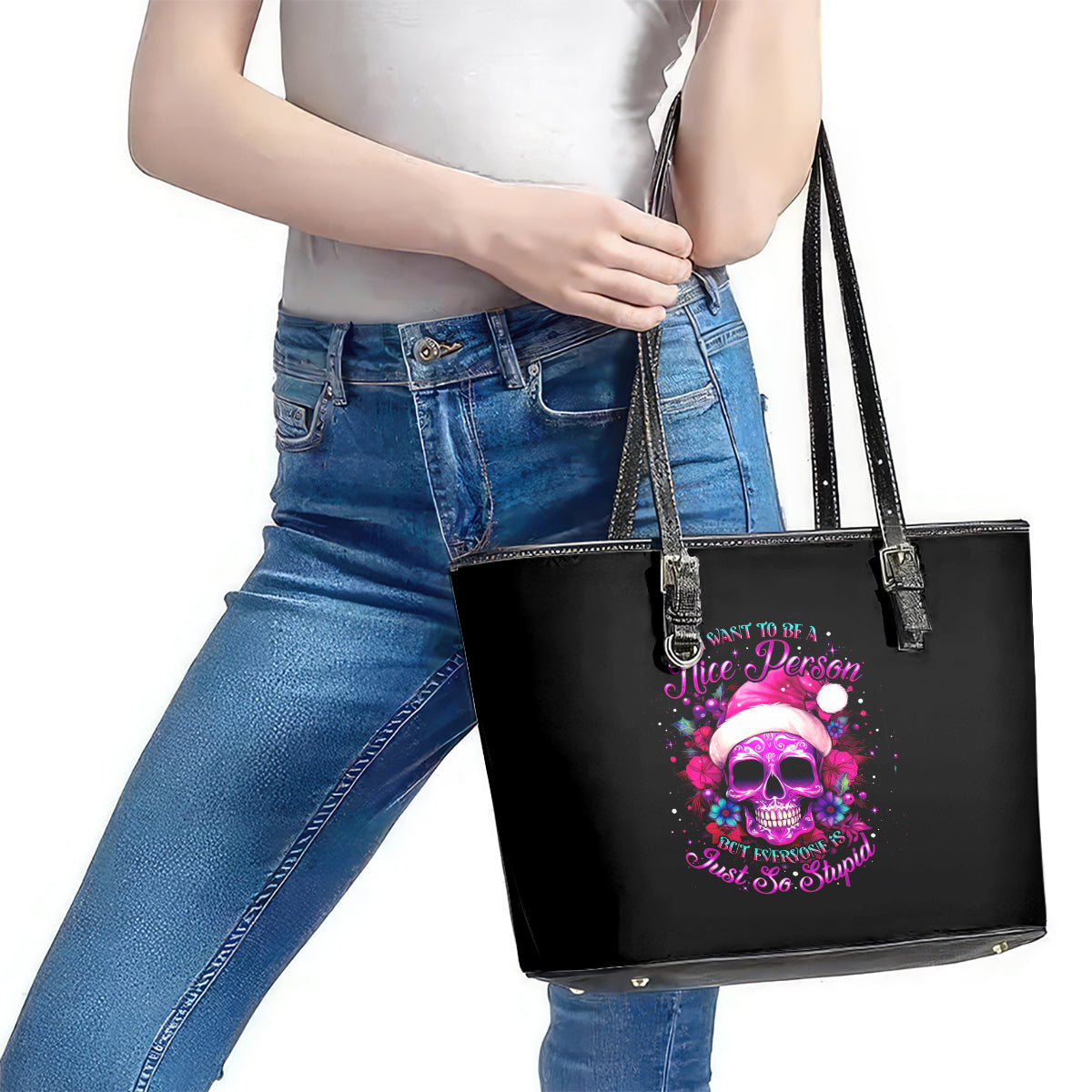 Sugar Skull Santa Leather Tote Bag I Wan't To Be A Nice Person But Everyone Is Just So Stupid - Wonder Print Shop