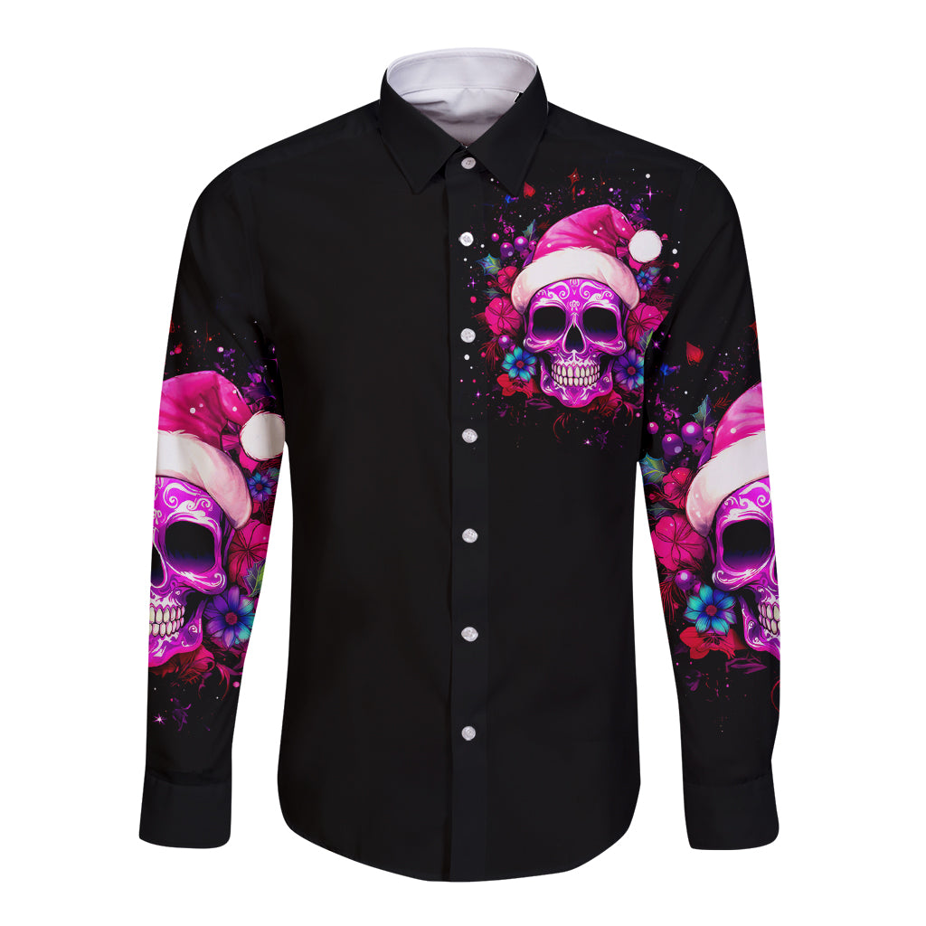 Sugar Skull Santa Long Sleeve Button Shirt I Wan't To Be A Nice Person But Everyone Is Just So Stupid - Wonder Print Shop
