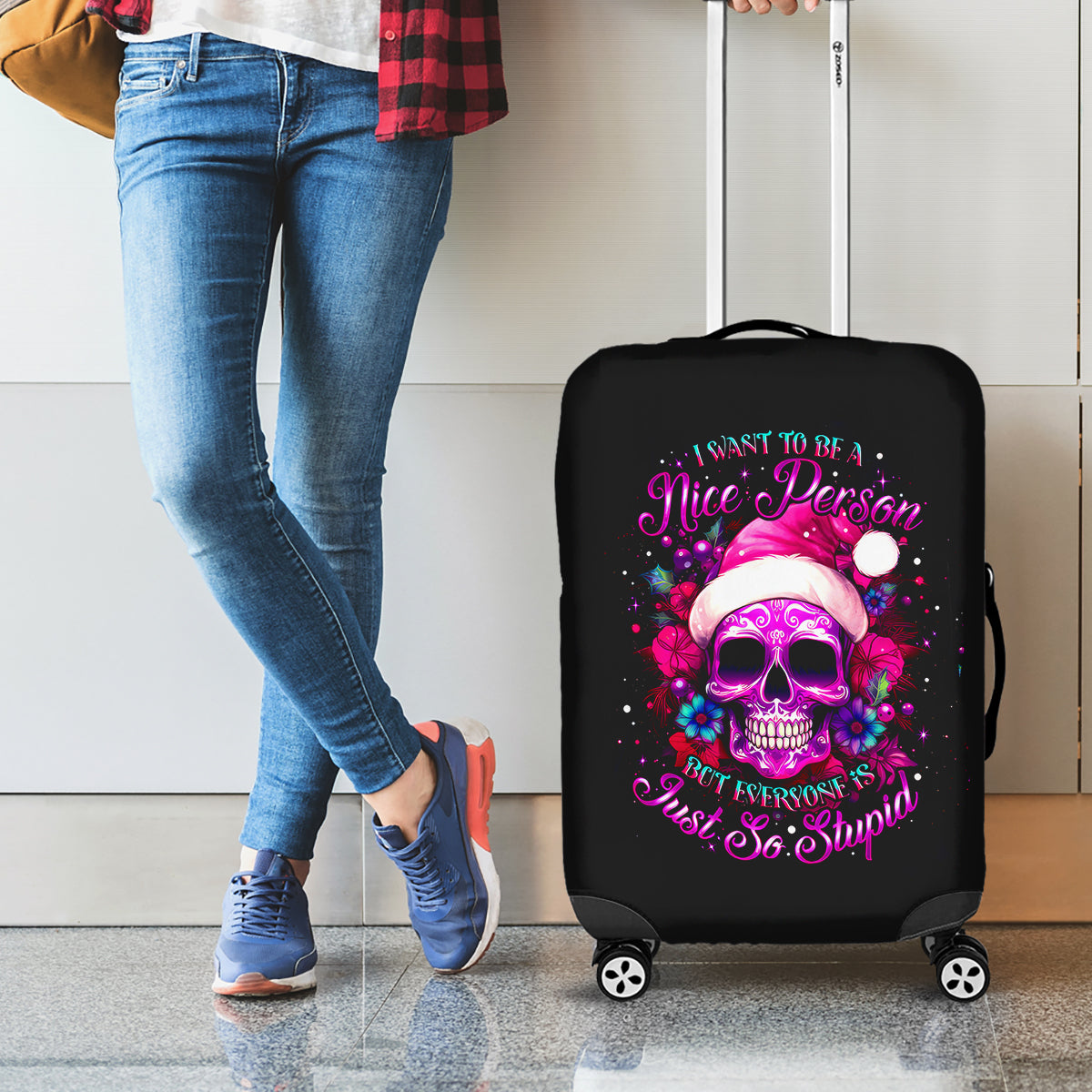 Sugar Skull Santa Luggage Cover I Wan't To Be A Nice Person But Everyone Is Just So Stupid - Wonder Print Shop