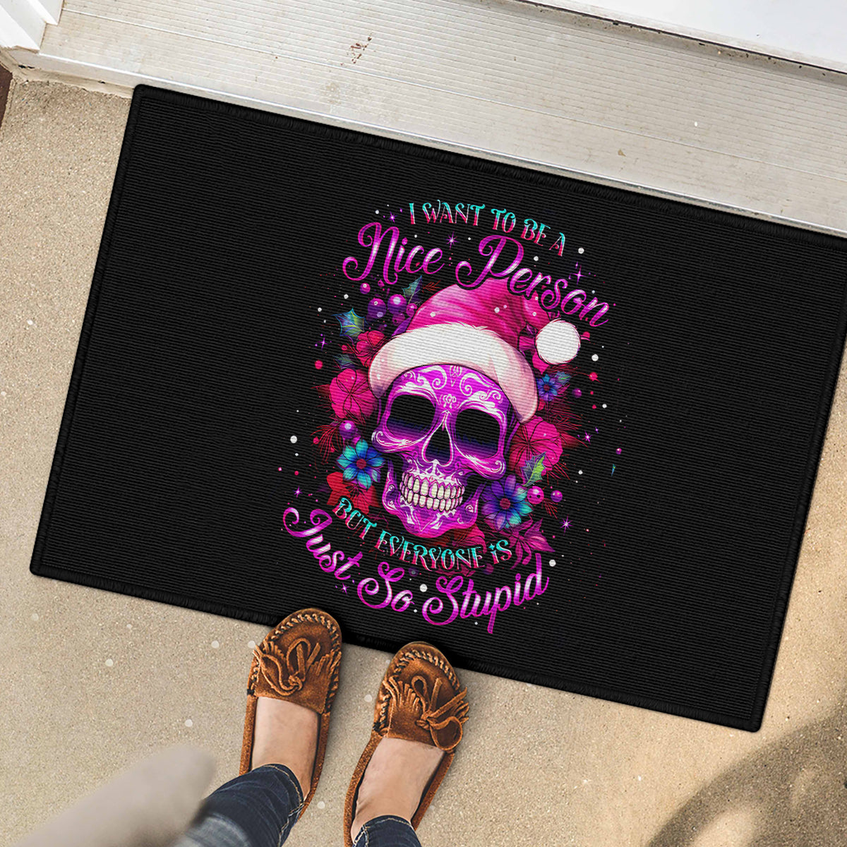 Sugar Skull Santa Rubber Doormat I Wan't To Be A Nice Person But Everyone Is Just So Stupid - Wonder Print Shop