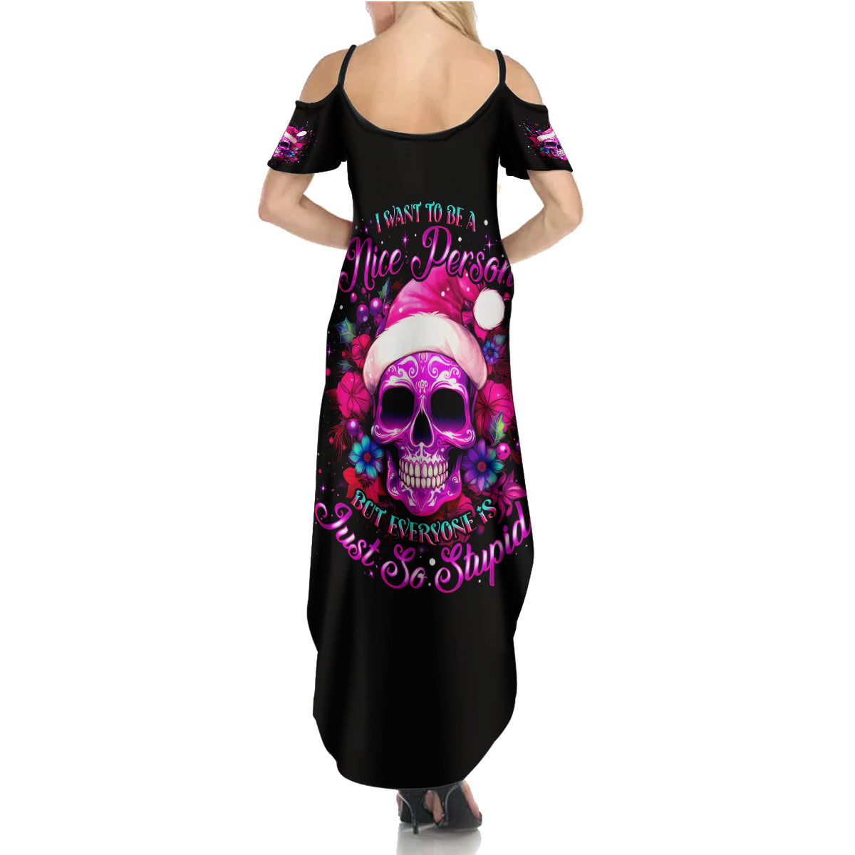 Sugar Skull Santa Summer Maxi Dress I Wan't To Be A Nice Person But Everyone Is Just So Stupid - Wonder Print Shop