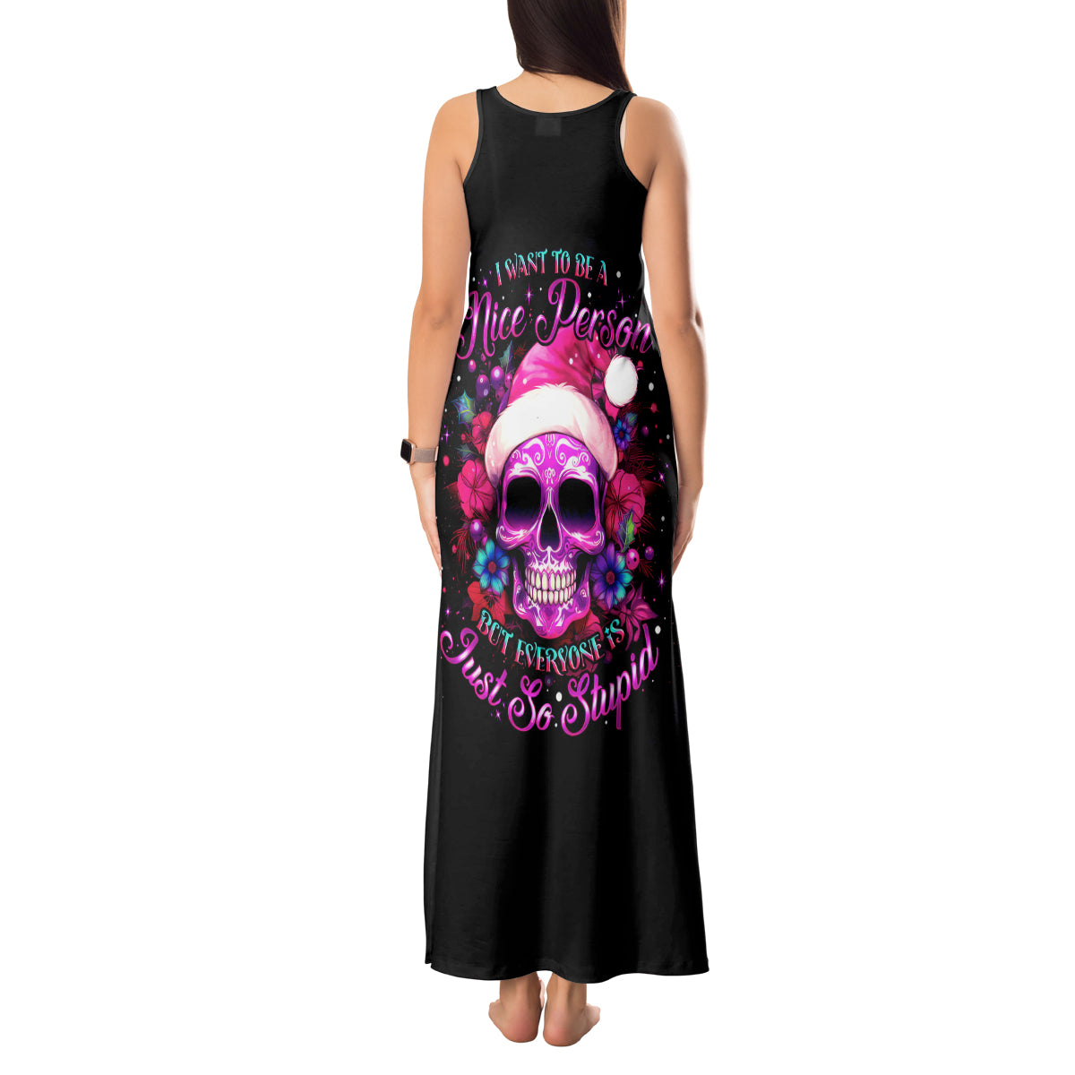 Sugar Skull Santa Tank Maxi Dress I Wan't To Be A Nice Person But Everyone Is Just So Stupid - Wonder Print Shop