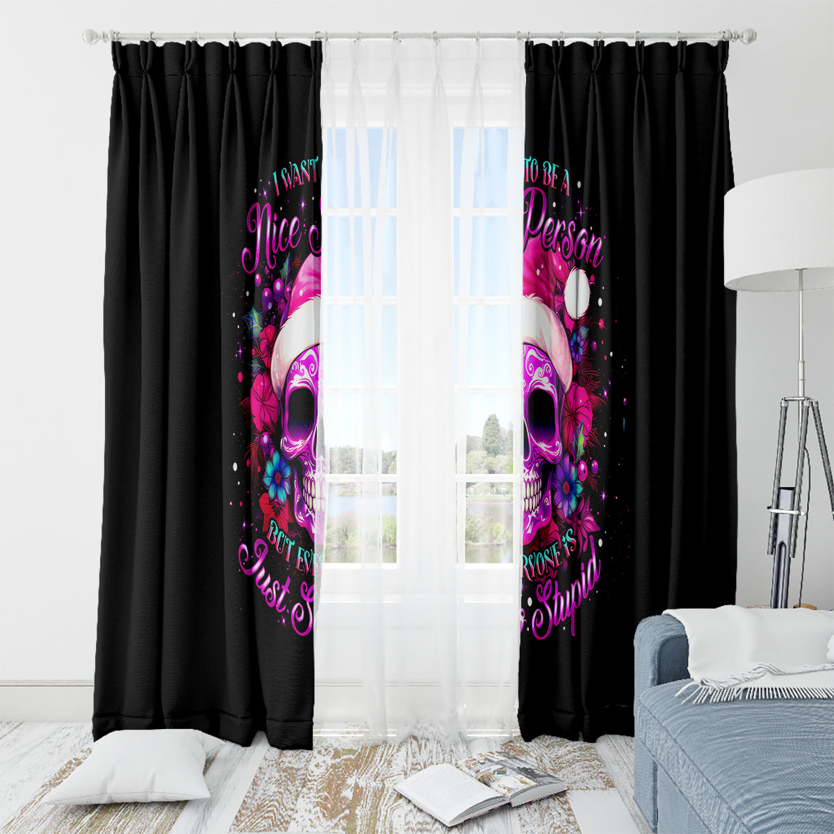 Sugar Skull Santa Window Curtain I Wan't To Be A Nice Person But Everyone Is Just So Stupid - Wonder Print Shop