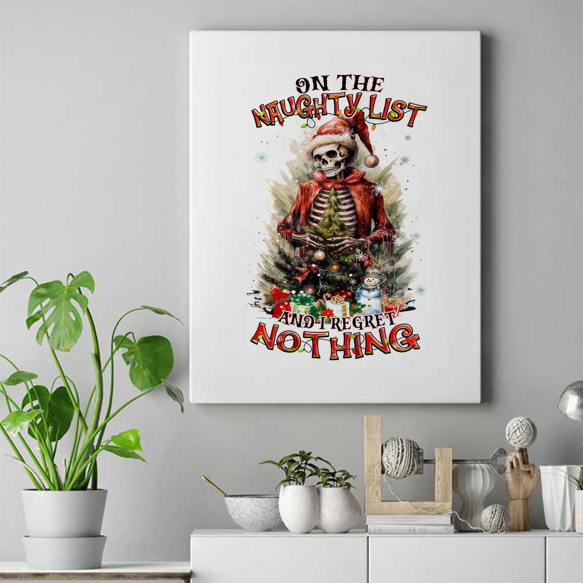Skeleton Santa Claus Canvas Wall Art On The Naughty List And I Regret Nothing - Wonder Print Shop