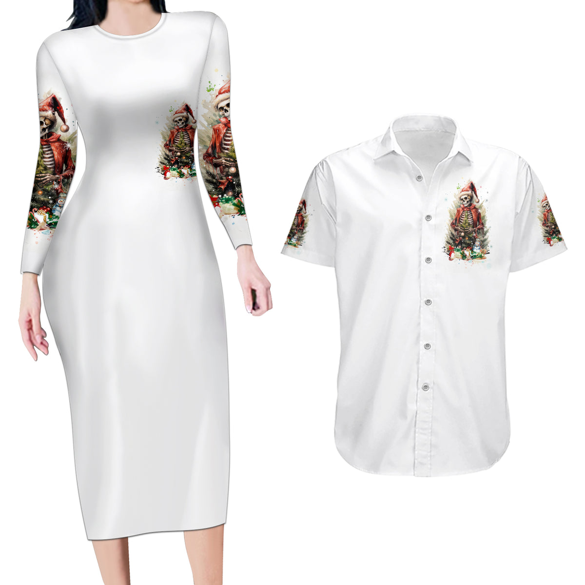 Skeleton Santa Claus Couples Matching Long Sleeve Bodycon Dress and Hawaiian Shirt On The Naughty List And I Regret Nothing - Wonder Print Shop