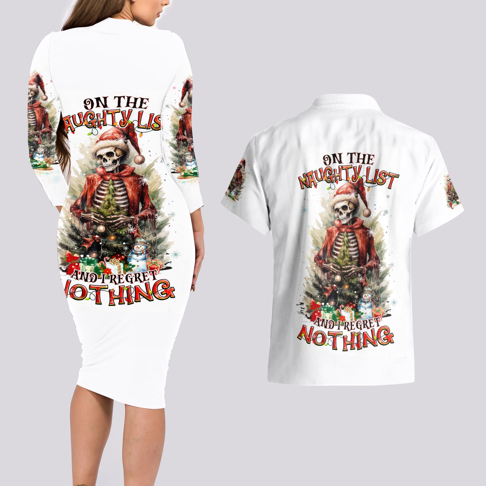 Skeleton Santa Claus Couples Matching Long Sleeve Bodycon Dress and Hawaiian Shirt On The Naughty List And I Regret Nothing - Wonder Print Shop