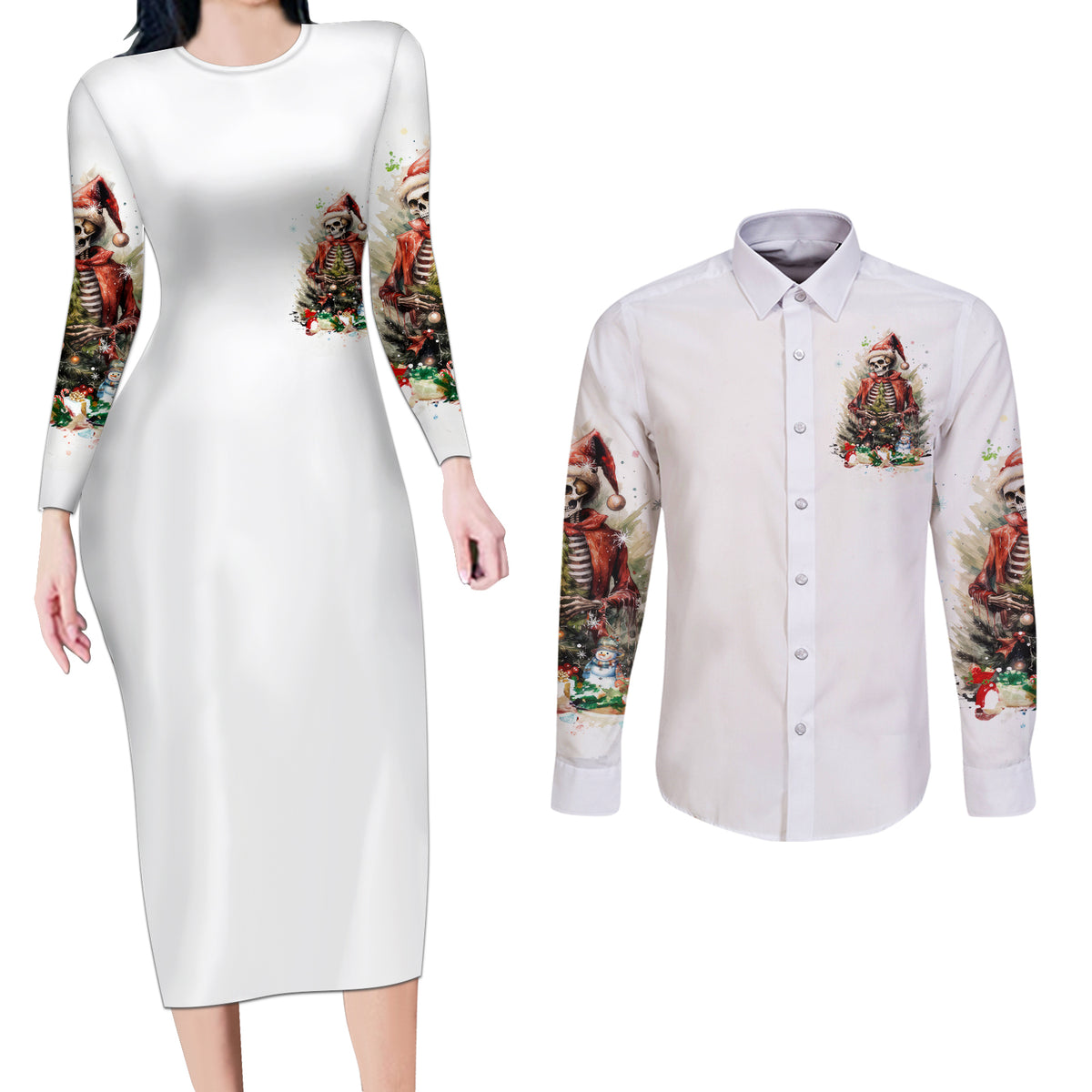 Skeleton Santa Claus Couples Matching Long Sleeve Bodycon Dress and Long Sleeve Button Shirt On The Naughty List And I Regret Nothing - Wonder Print Shop